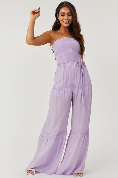 Lavender Strapless Smocked Jumpsuit with Tie Detail