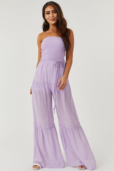 Lavender Strapless Smocked Jumpsuit with Tie Detail