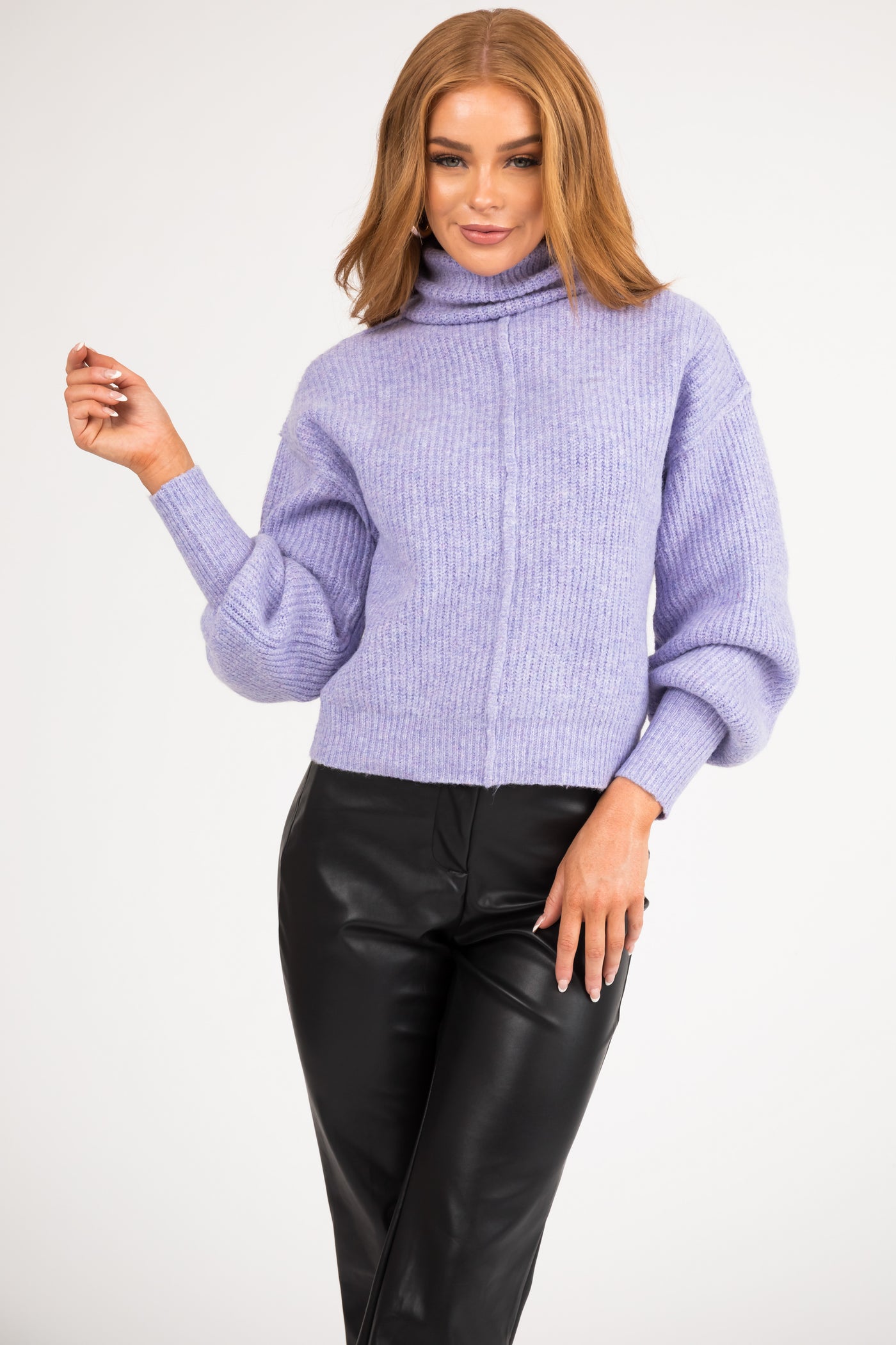 Lavender Turtleneck Bubble Sleeve Sweater