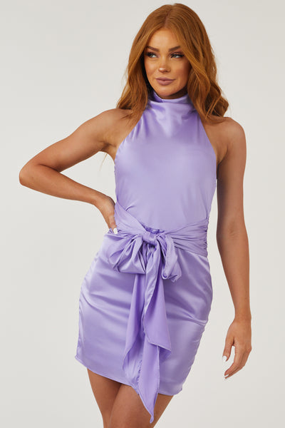 Lavender Waist Tie Satin Mini Dress