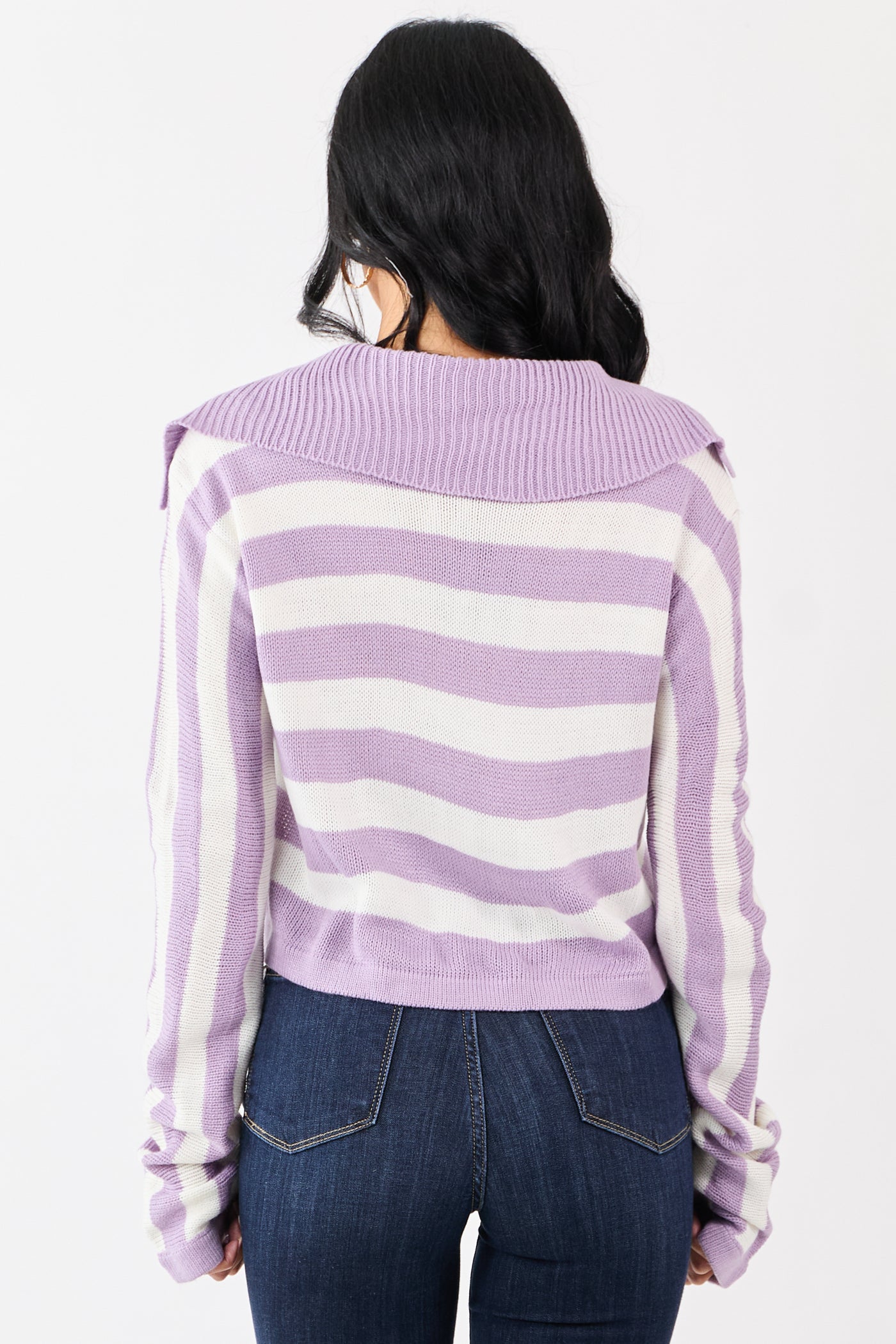 Lavender and Ivory Stripe Polo Style Cropped Sweater