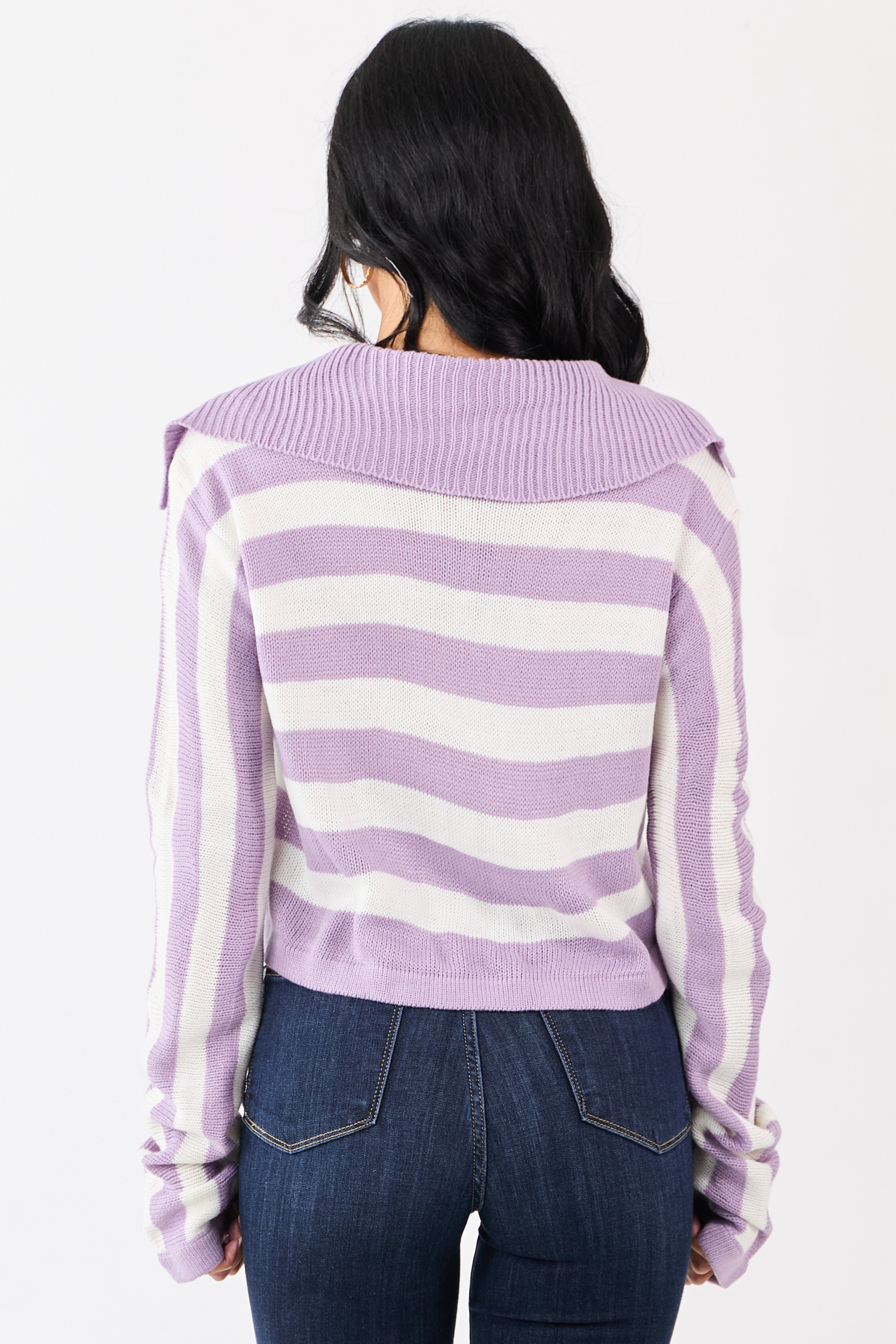 Lavender and Ivory Stripe Polo Style Cropped Sweater