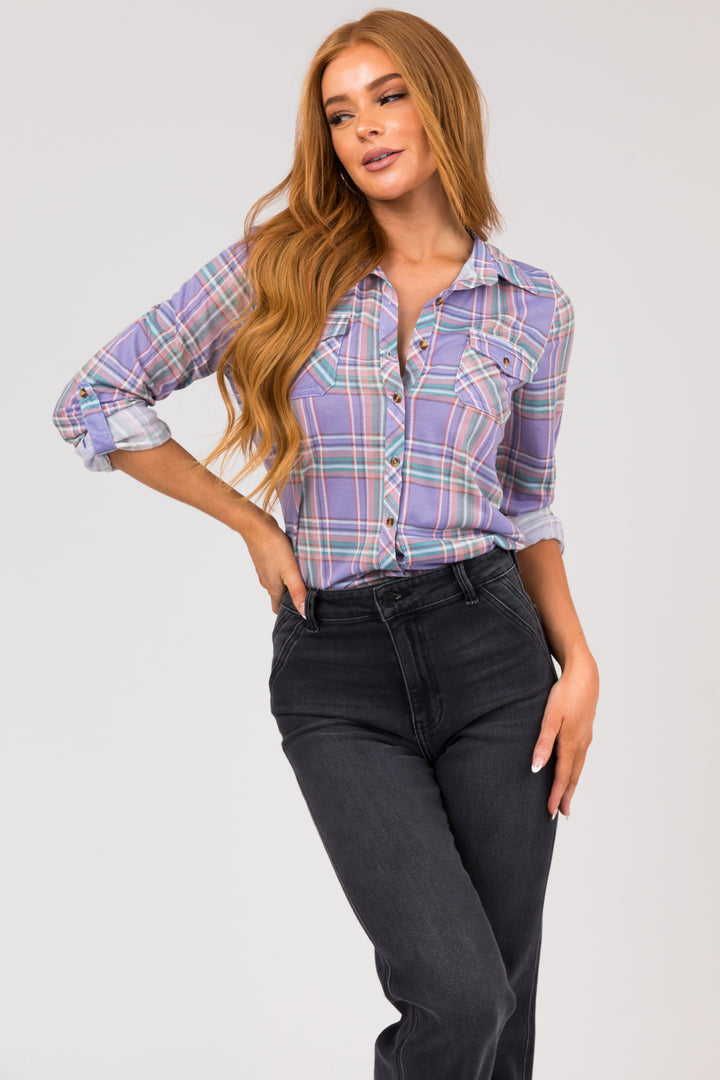 Lavender and Juniper Plaid Top with Chest Pocket