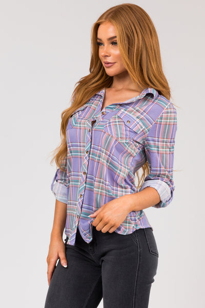 Lavender and Juniper Plaid Top with Chest Pocket