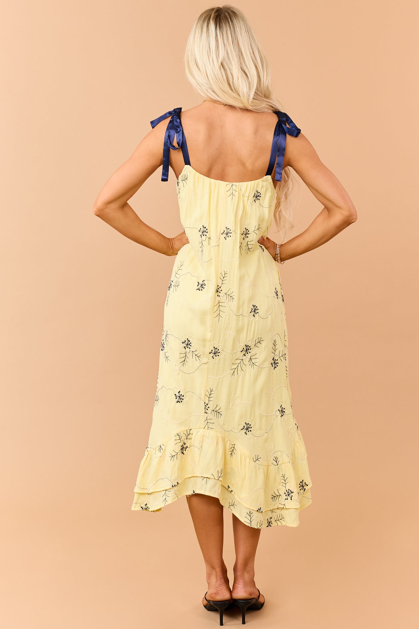 lemon midi dress Lemon 3D Floral Embroidered Tie Strap Midi Dress