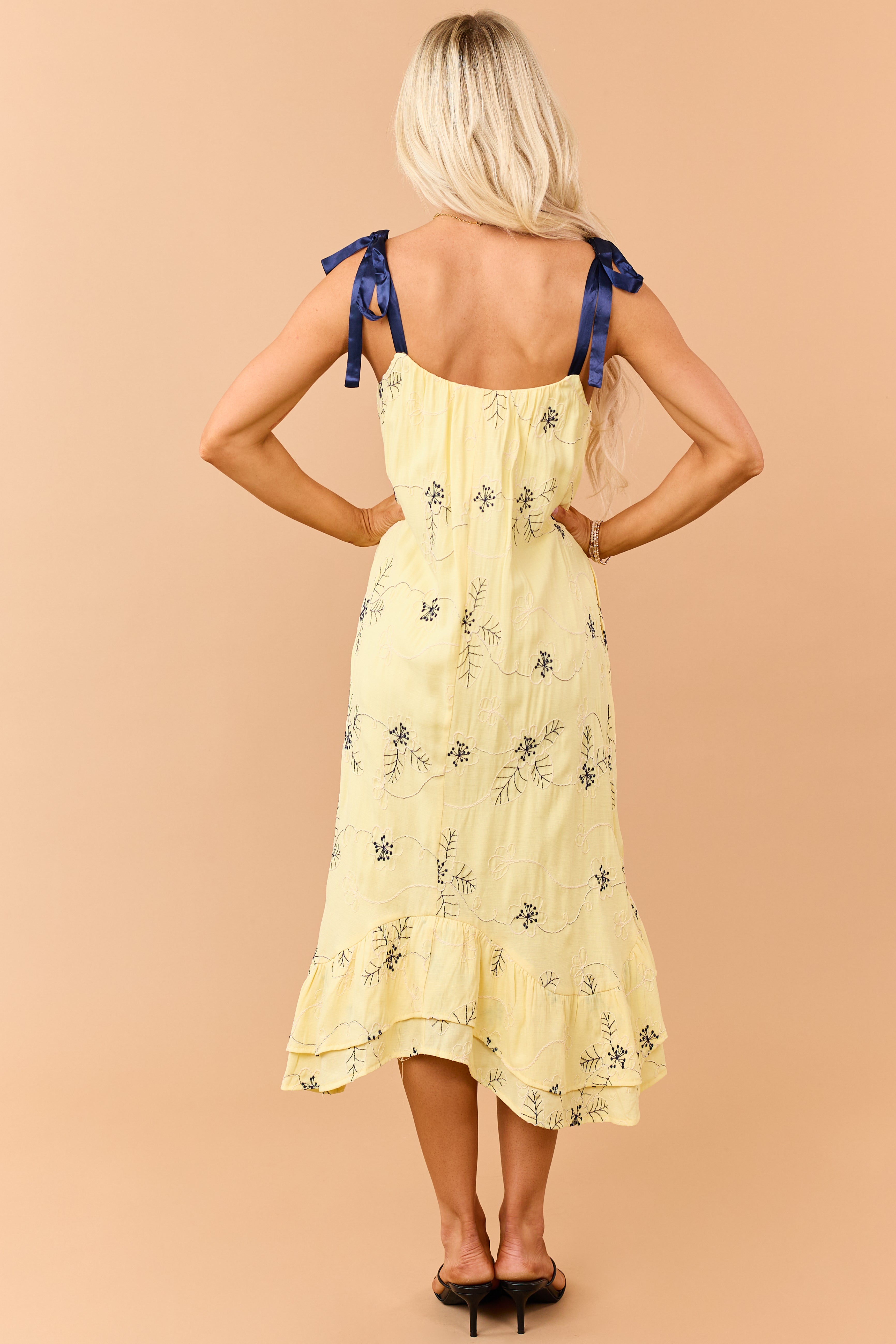 Lemon 3D Floral Embroidered Tie Strap Midi Dress