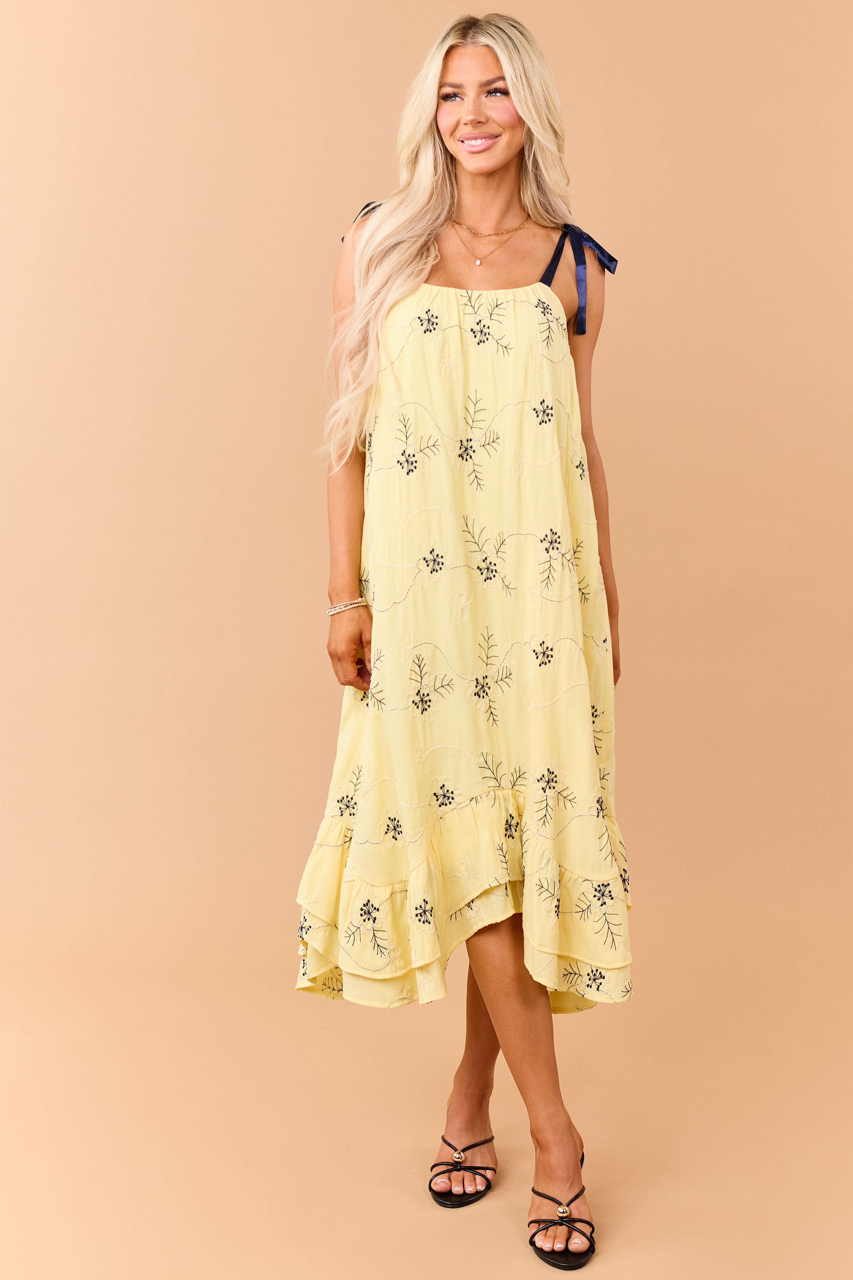 Lemon 3D Floral Embroidered Tie Strap Midi Dress
