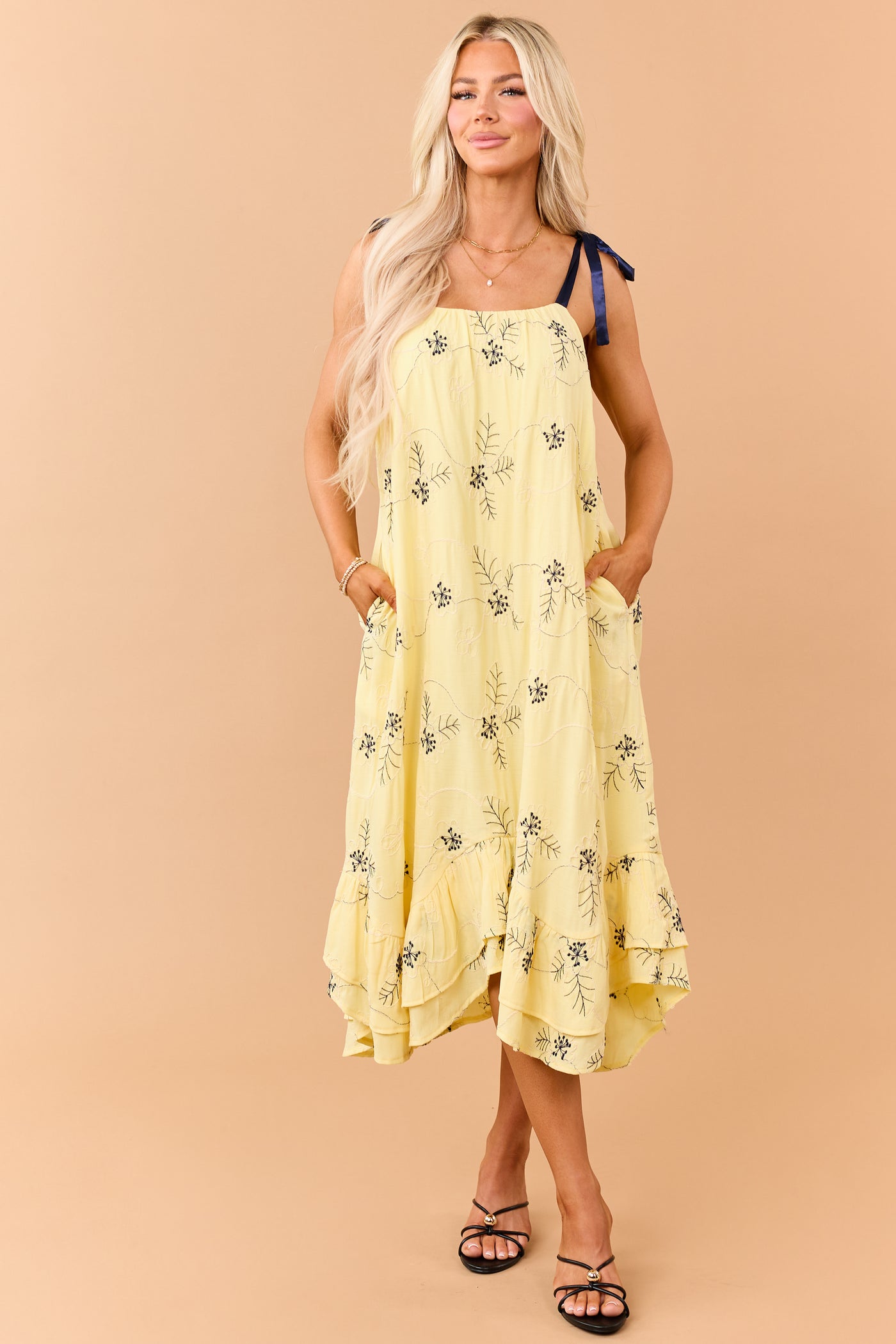 Lemon 3D Floral Embroidered Tie Strap Midi Dress