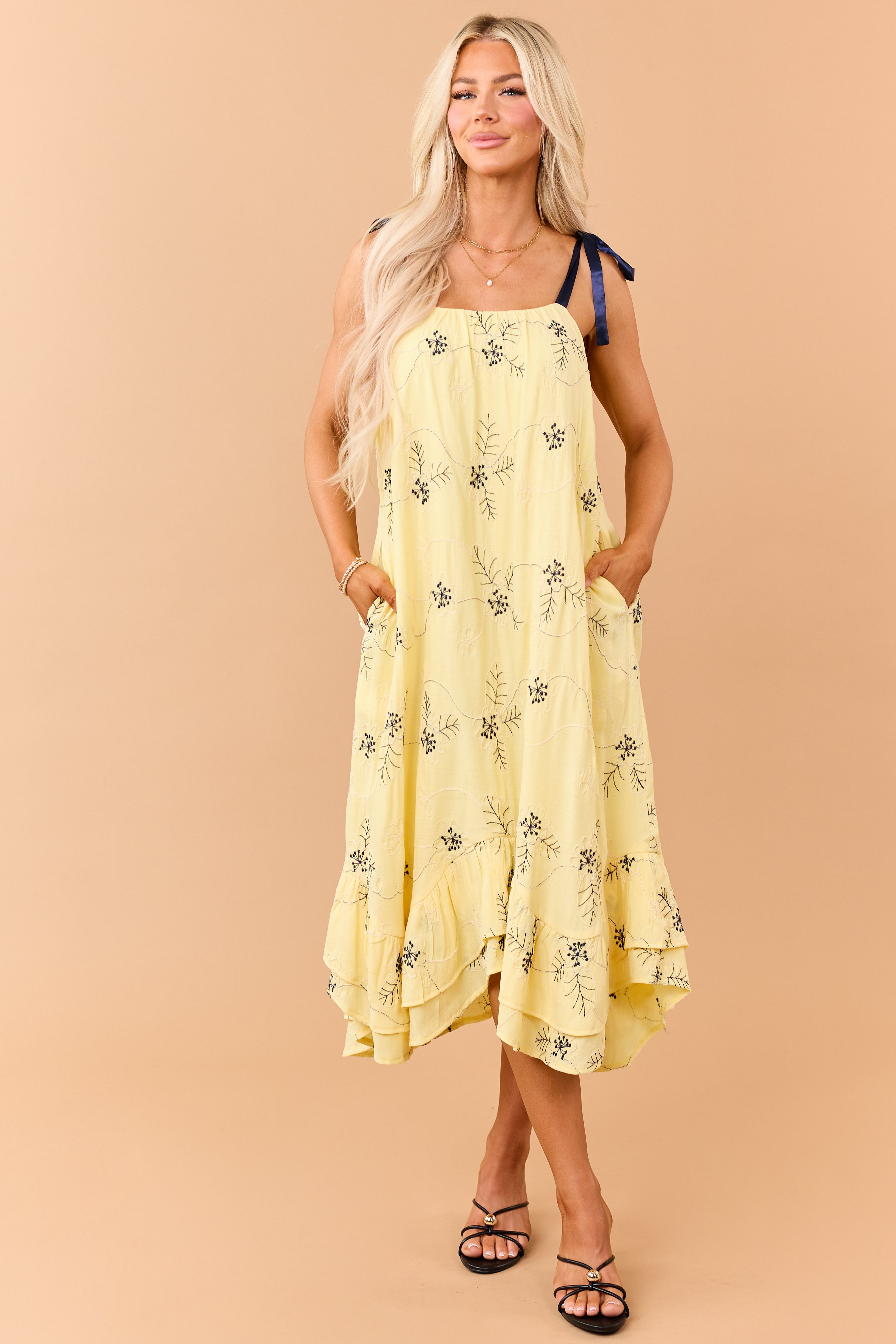 Lemon 3D Floral Embroidered Tie Strap Midi Dress