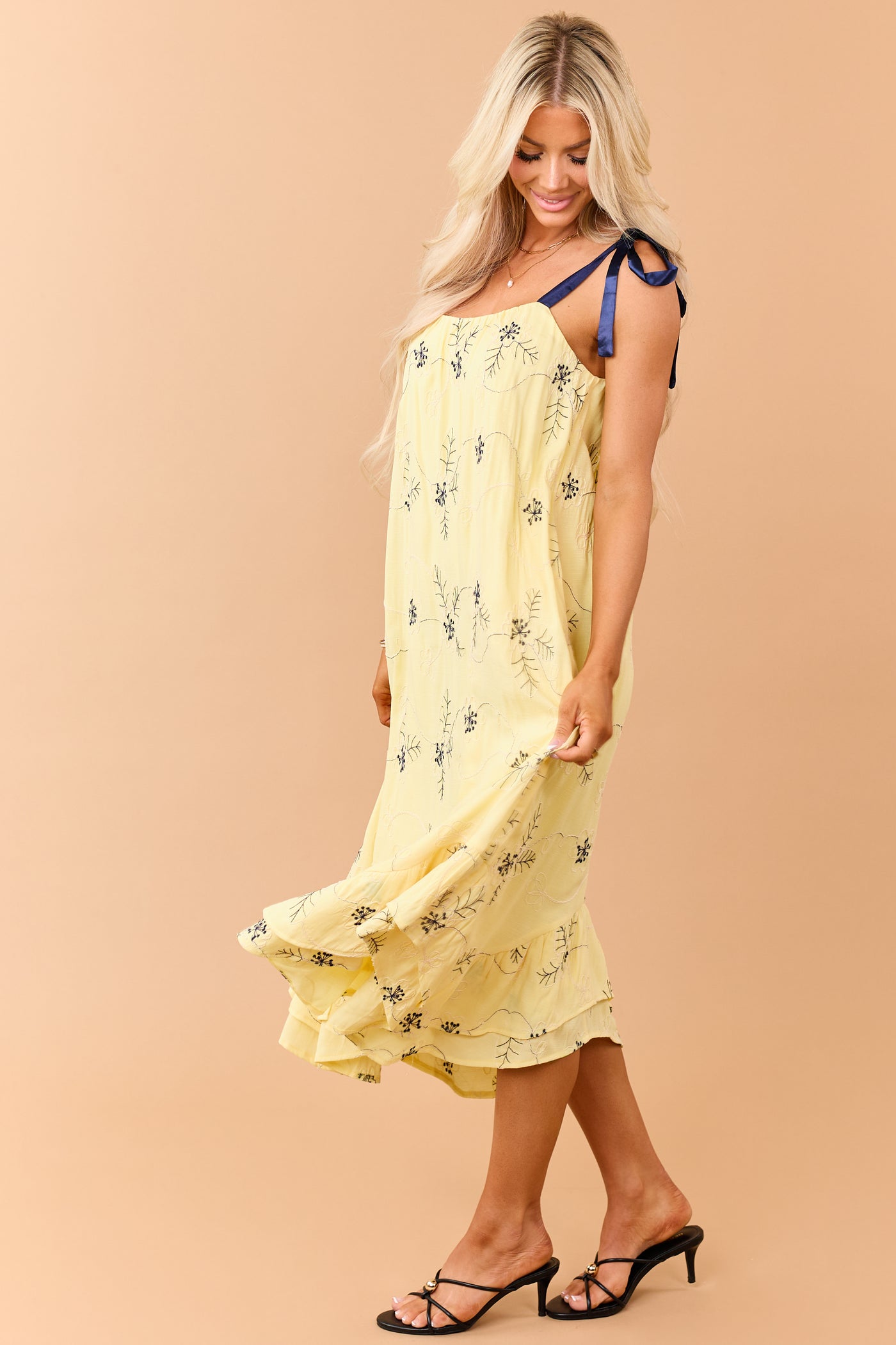 Lemon 3D Floral Embroidered Tie Strap Midi Dress