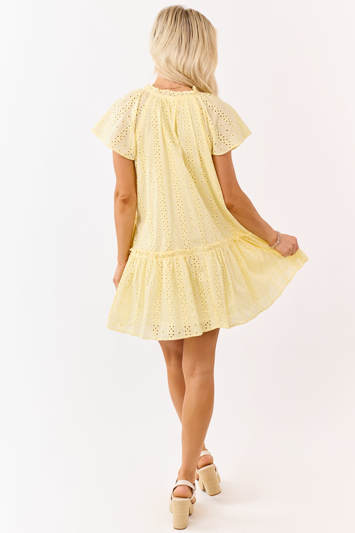 Lemon Eyelet Ruffle Cotton Shift Mini Dress