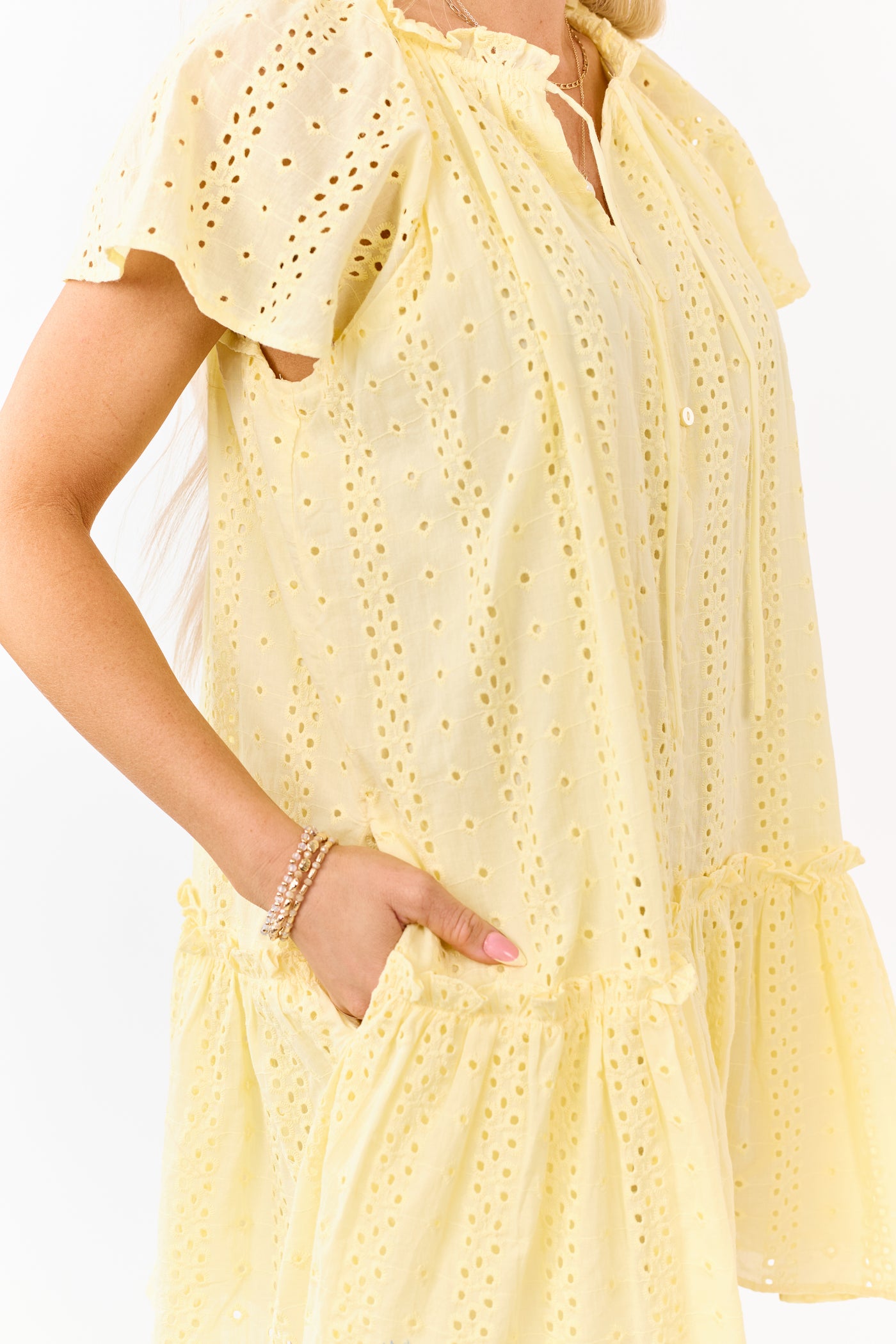 Lemon Eyelet Ruffle Cotton Shift Mini Dress
