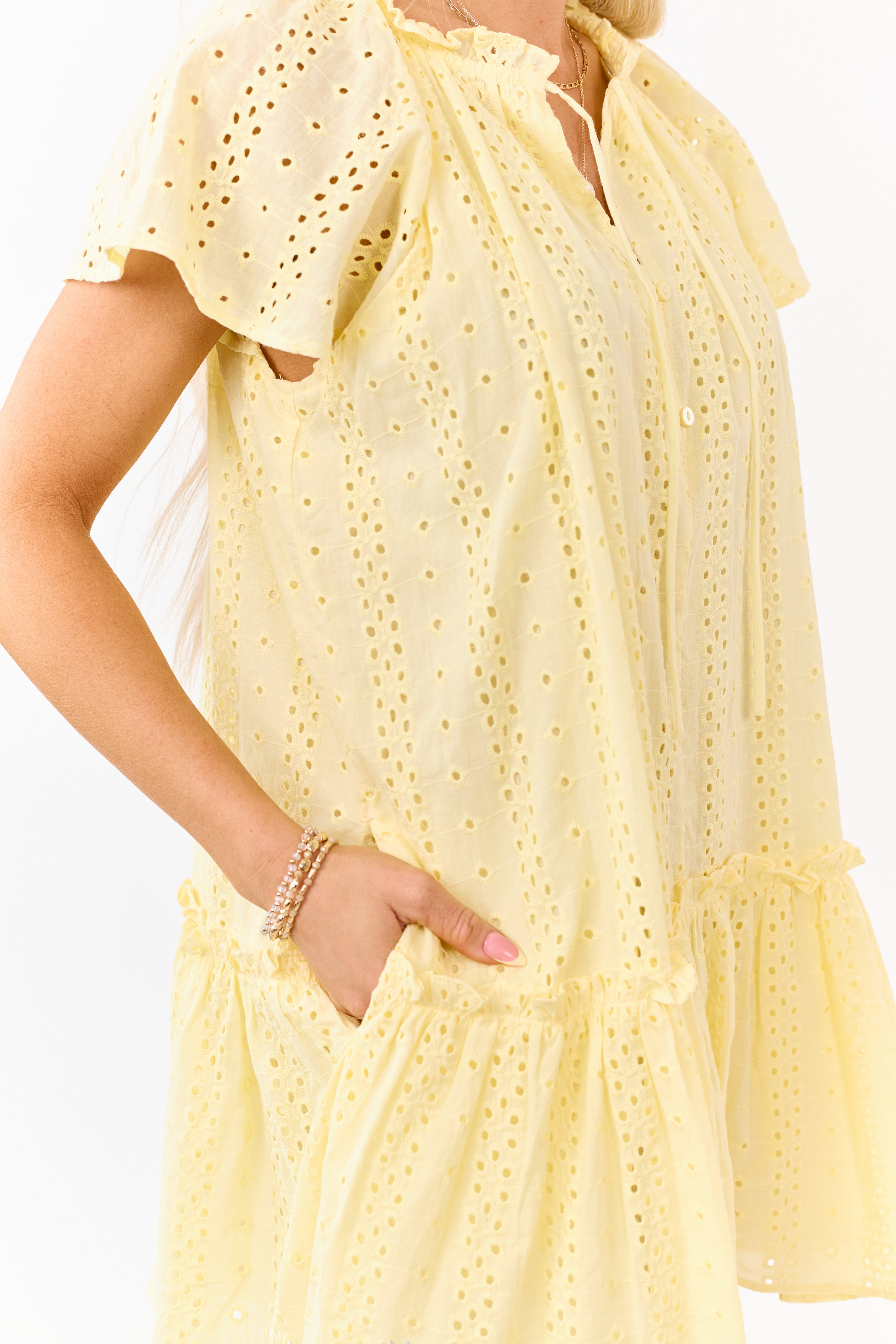 cotton shift mini dress Lemon Eyelet Ruffle Cotton Shift Mini Dress