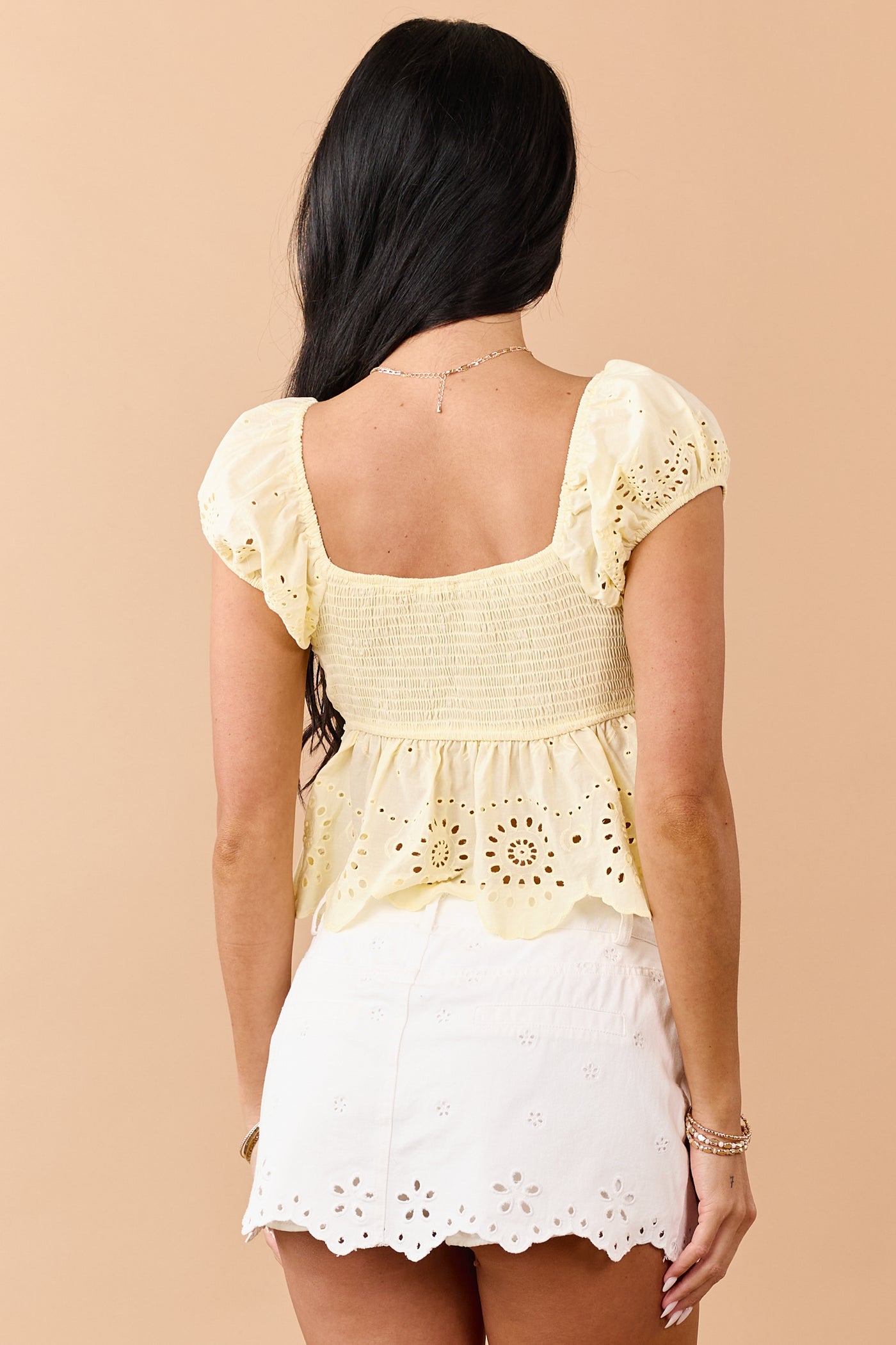 Lemon Eyelet Scalloped Hem Short Sleeve Cotton Top