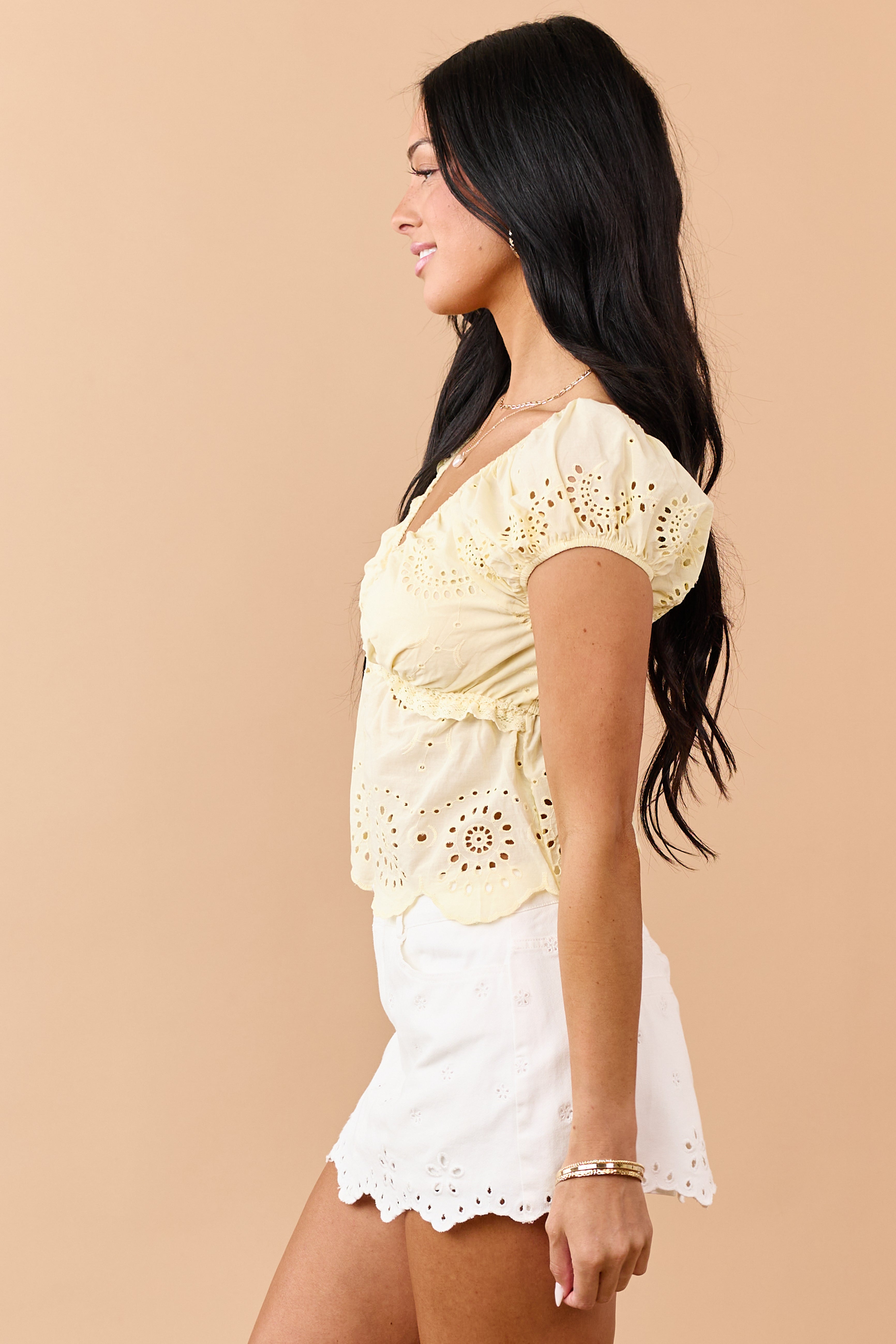 Lemon Eyelet Scalloped Hem Short Sleeve Cotton Top