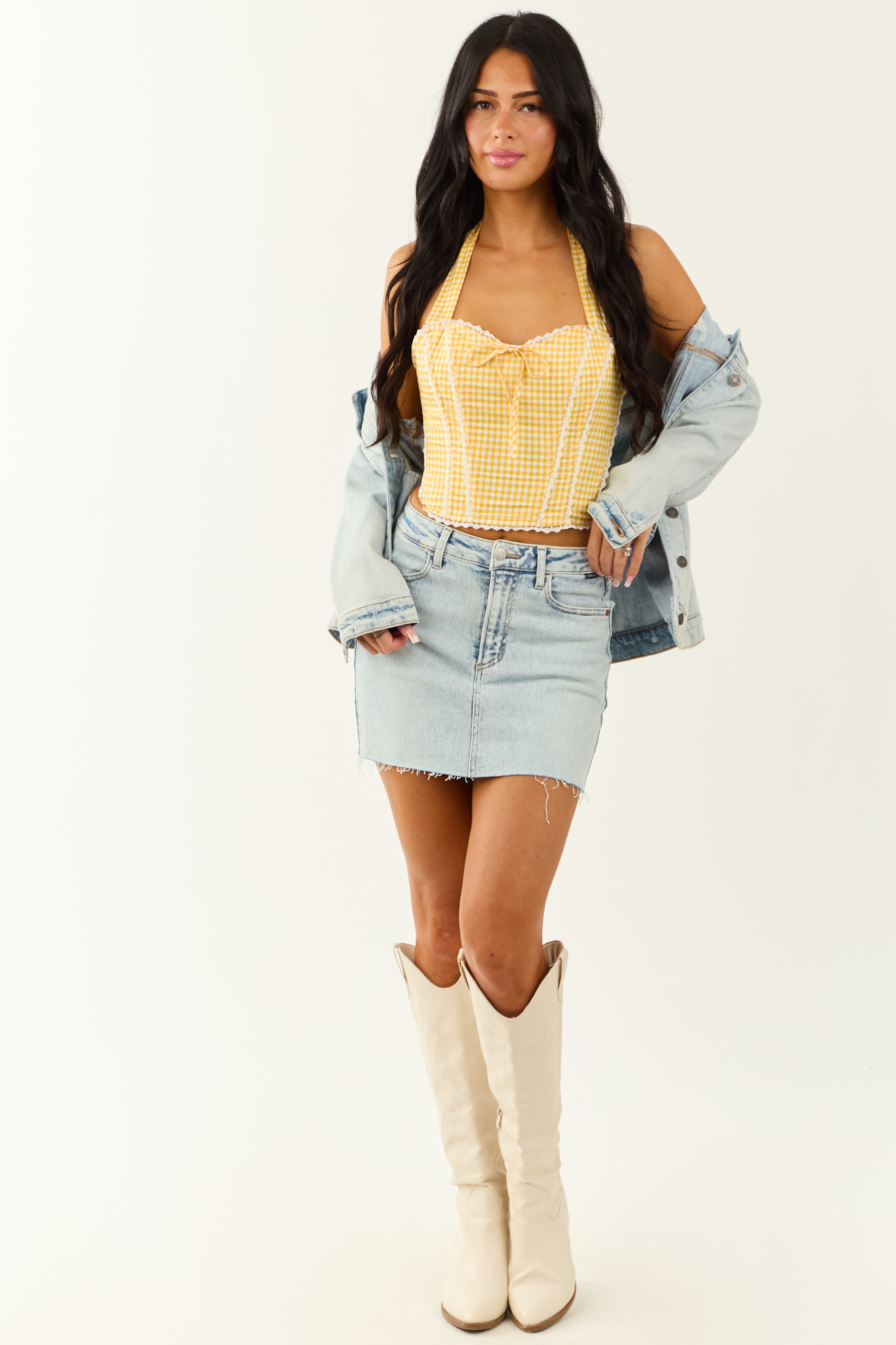 Lemon Gingham Halter Neck Cotton Corset Top | Lime Lush Boutique