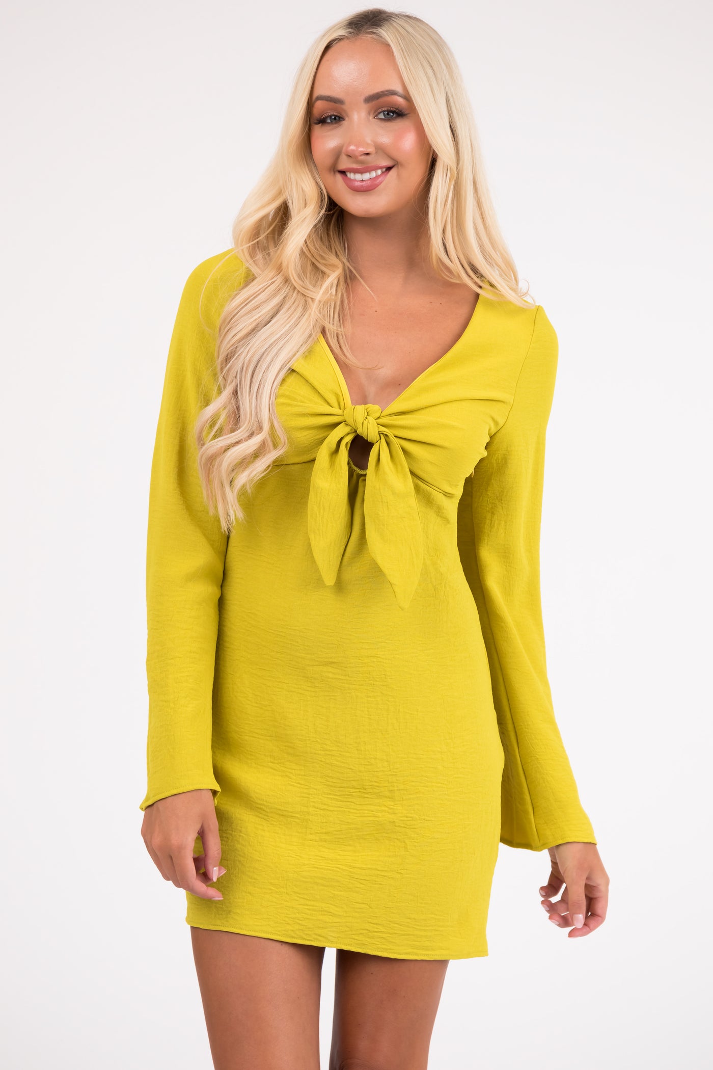 Lemon Lime Long Flare Sleeve Front Tie Mini Dress