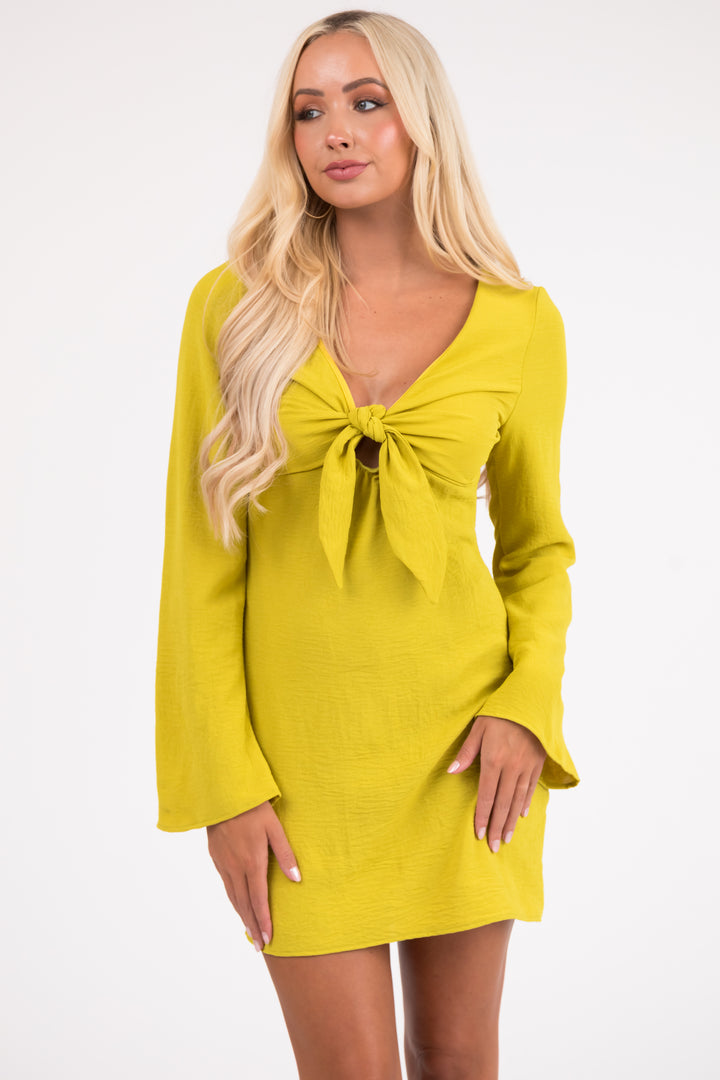 Lemon Lime Long Flare Sleeve Front Tie Mini Dress