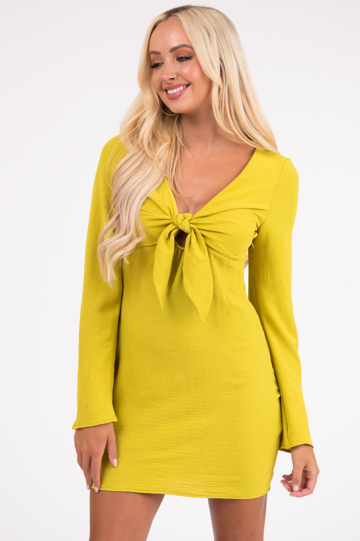 Lemon Lime Long Flare Sleeve Front Tie Mini Dress