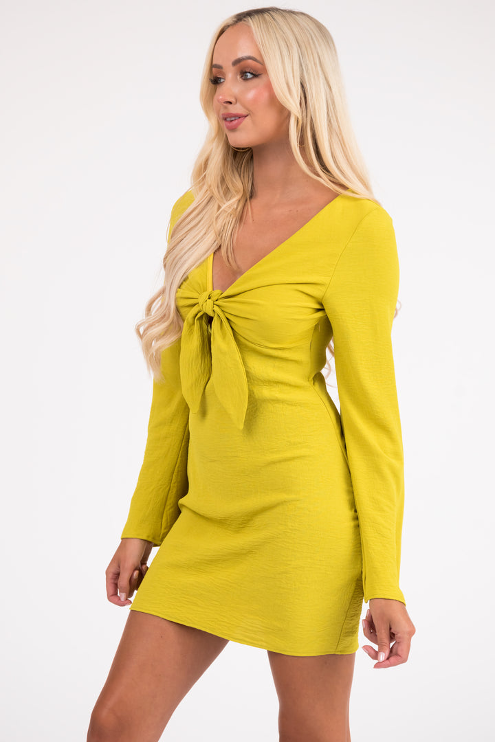Lemon Lime Long Flare Sleeve Front Tie Mini Dress