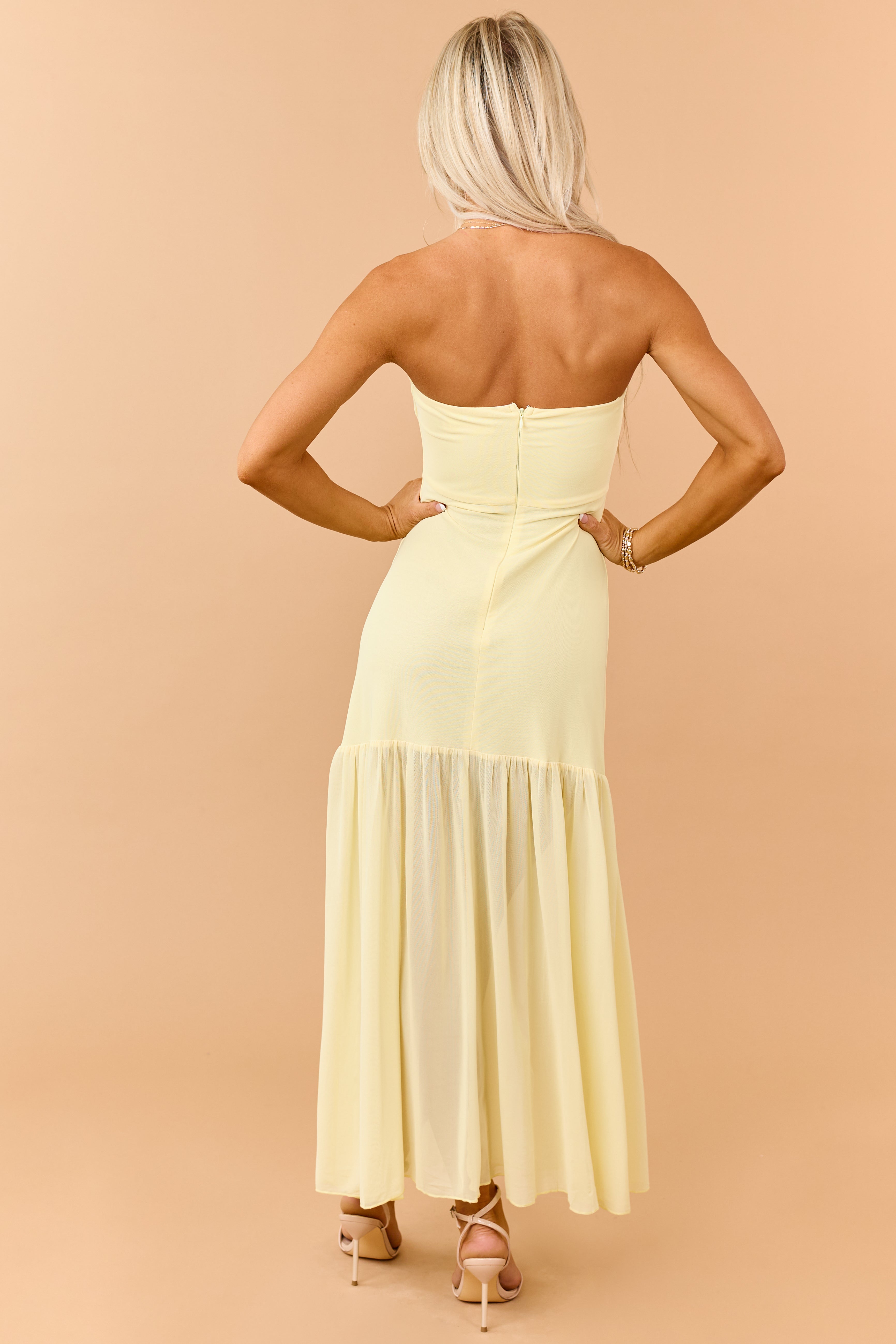Lemon Mesh Strapless Ruffle Hem Maxi Dress