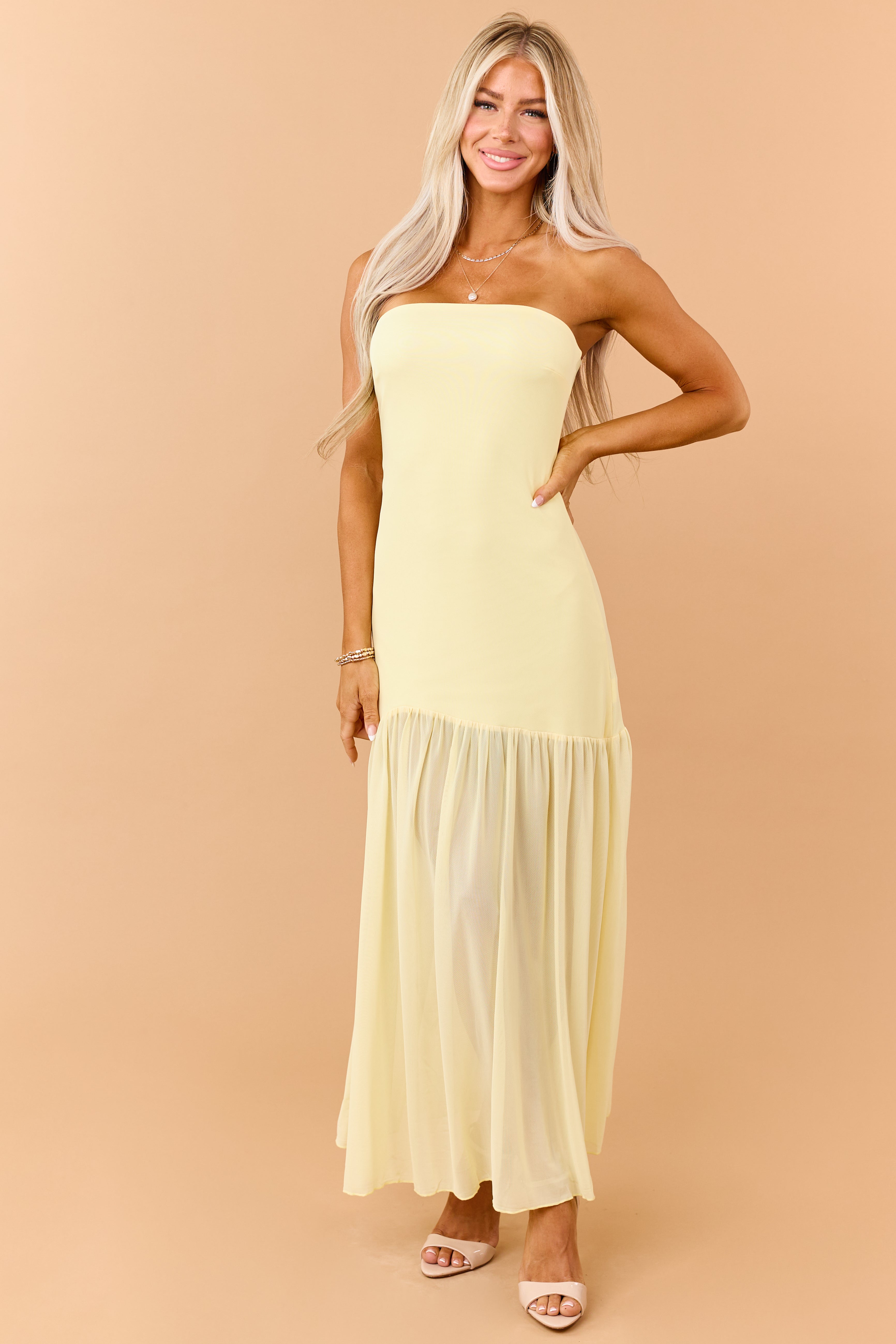 Lemon Mesh Strapless Ruffle Hem Maxi Dress