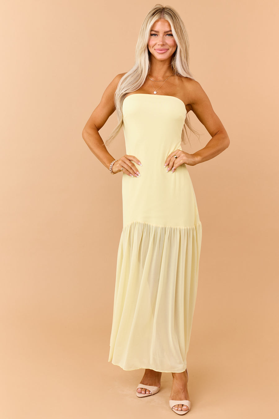 Lemon Mesh Strapless Ruffle Hem Maxi Dress