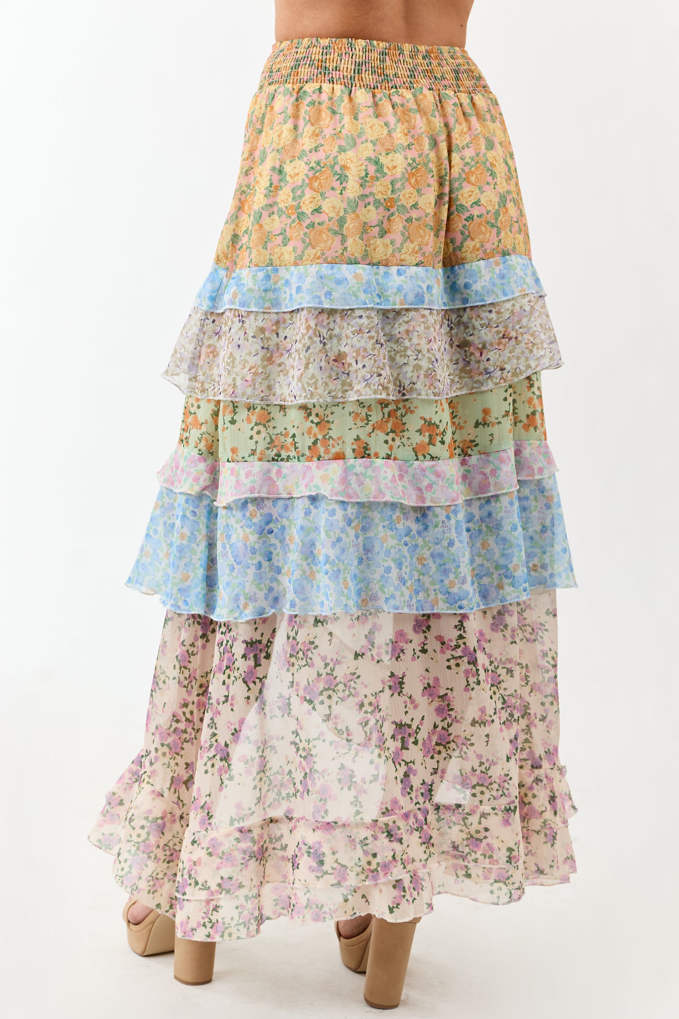 Lemon Multiprint Floral Ruffle Chiffon Maxi Skirt