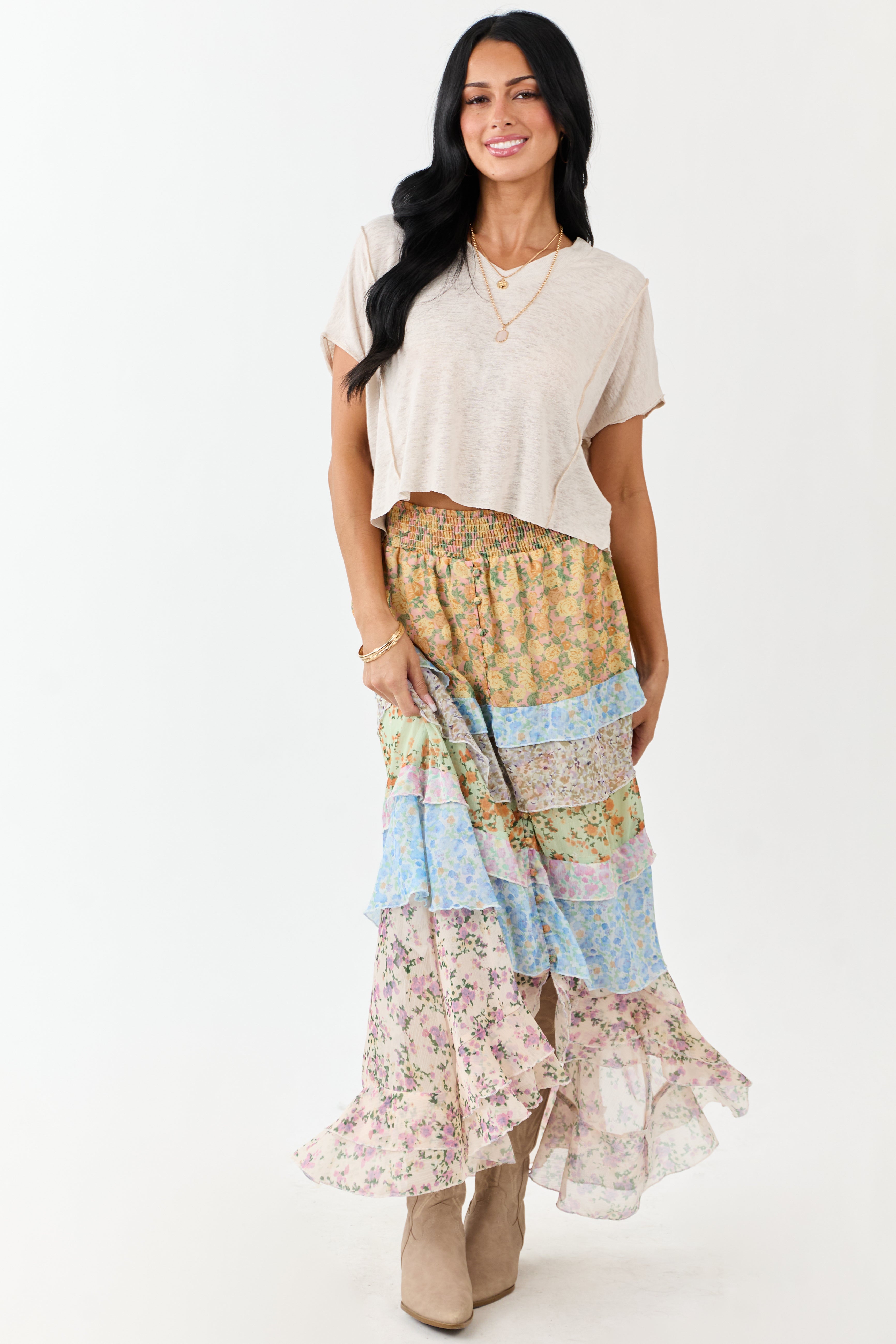 Lemon Multiprint Floral Ruffle Chiffon Maxi Skirt