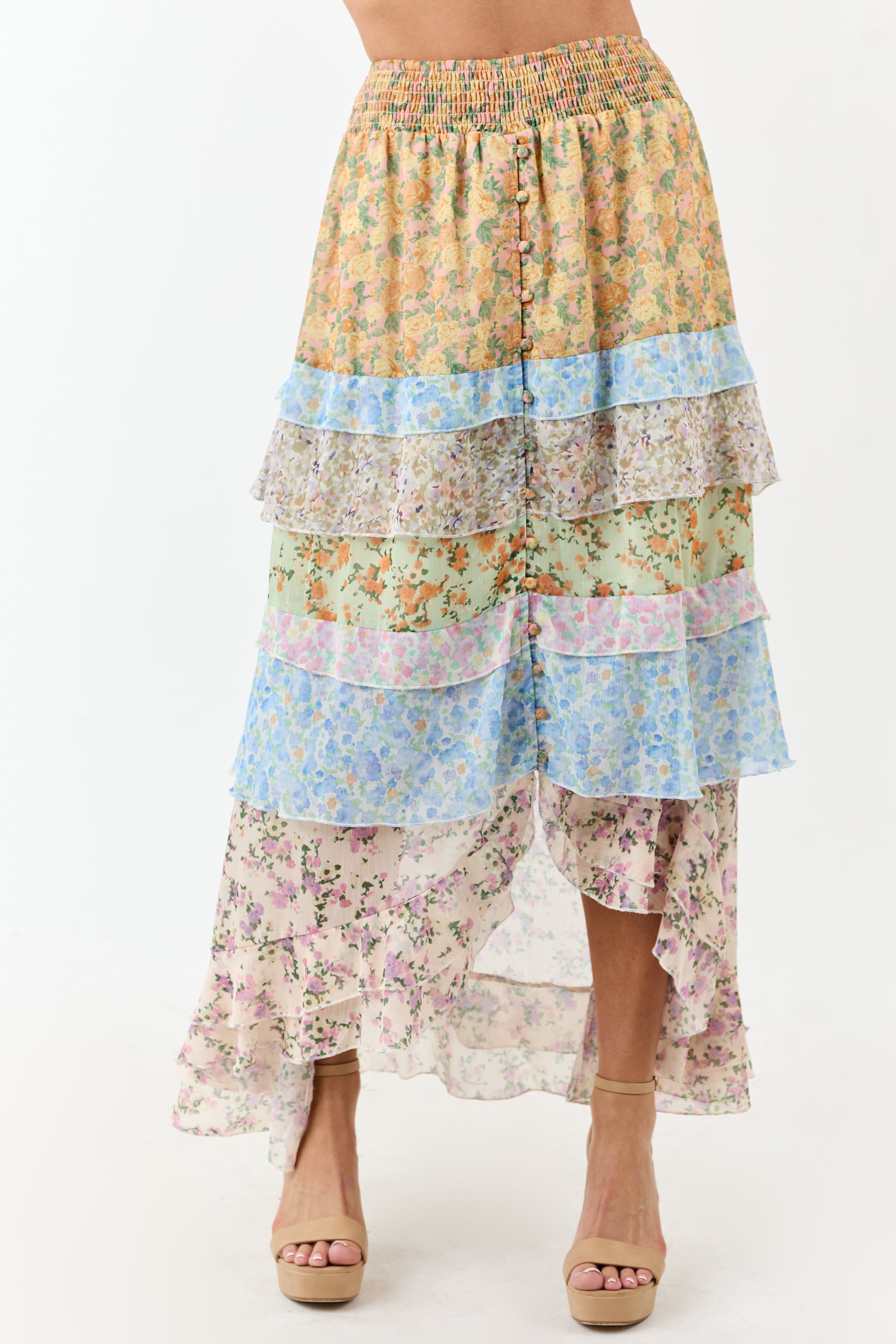 Lemon Multiprint Floral Ruffle Chiffon Maxi Skirt