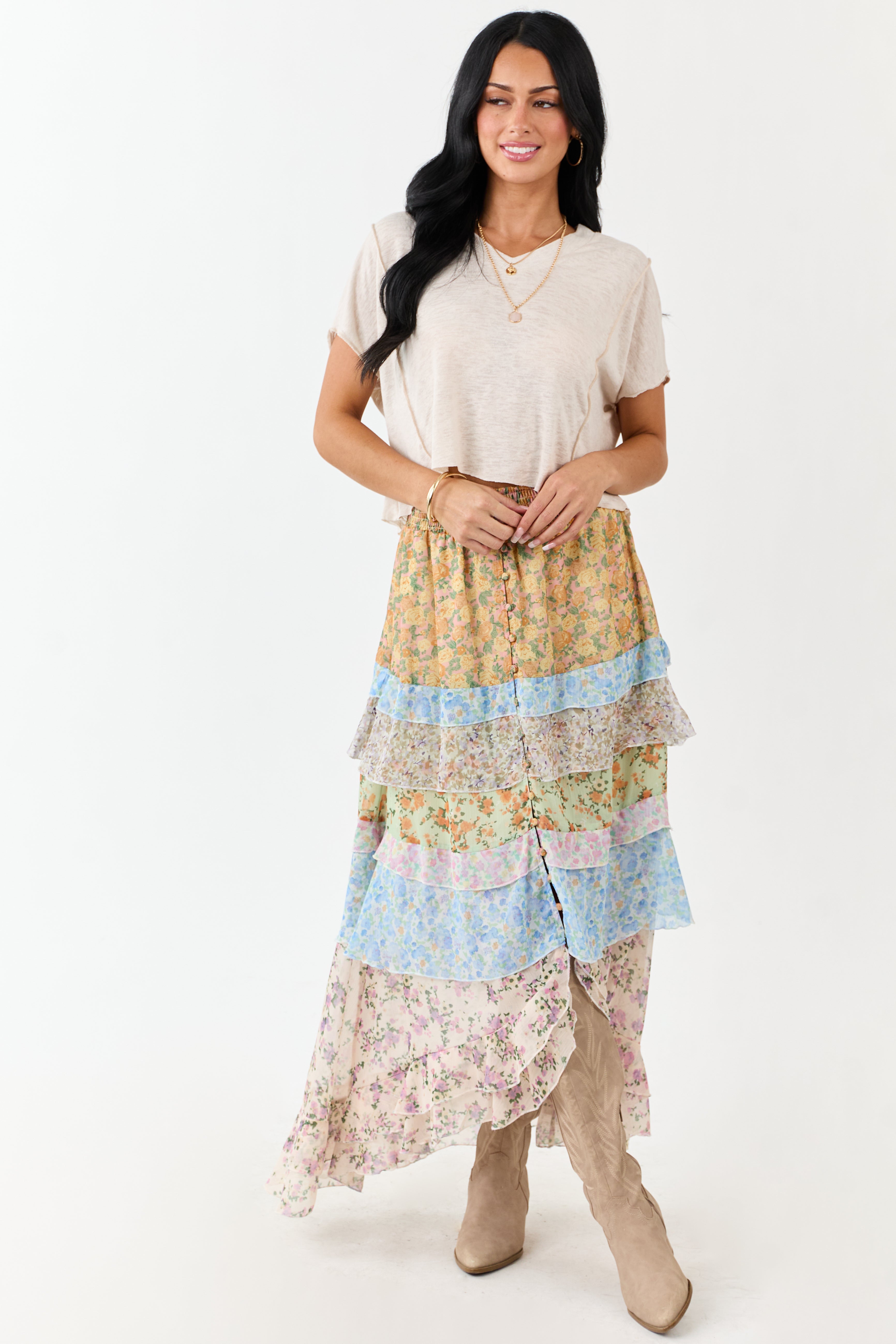 Lemon Multiprint Floral Ruffle Chiffon Maxi Skirt