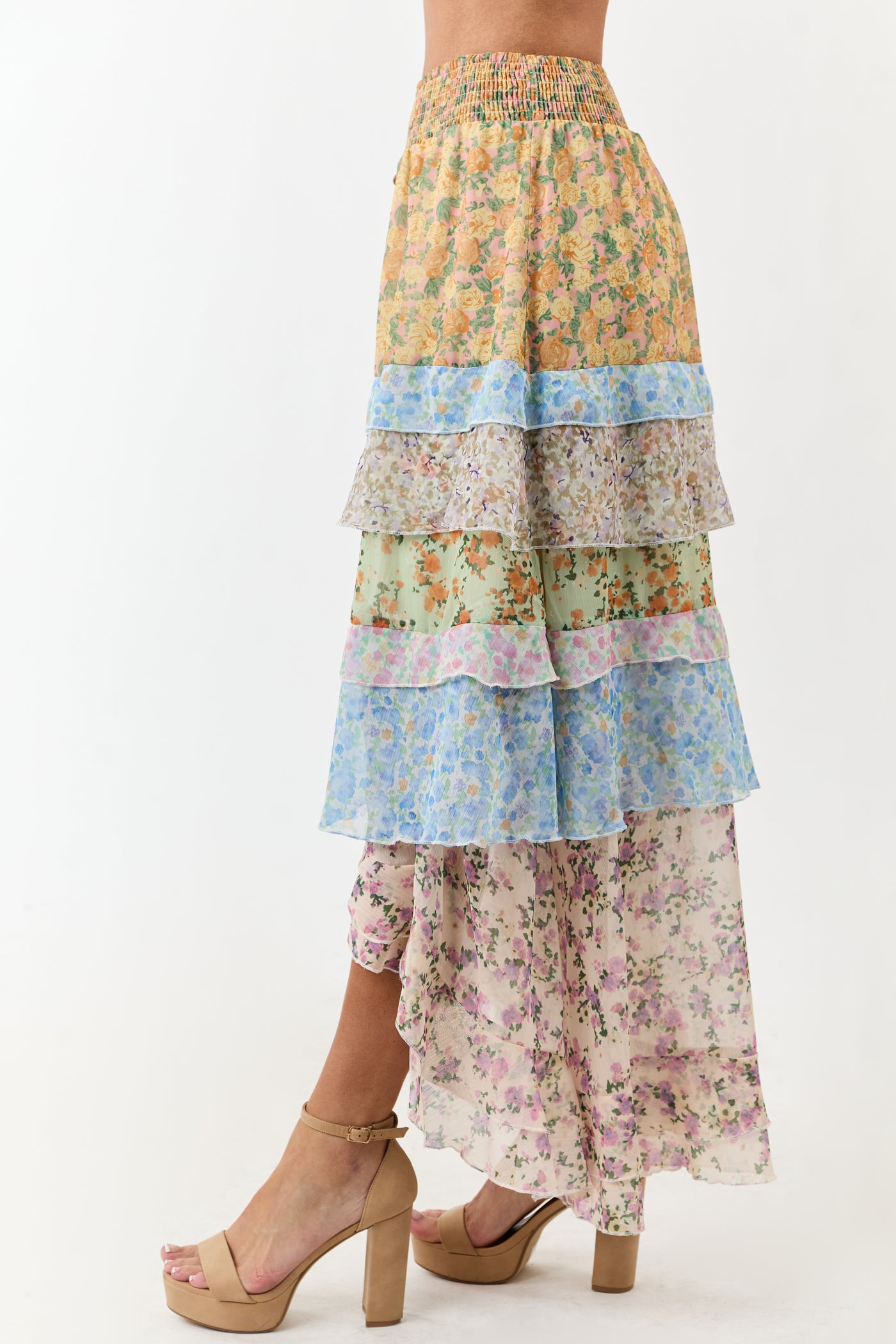 Lemon Multiprint Floral Ruffle Chiffon Maxi Skirt