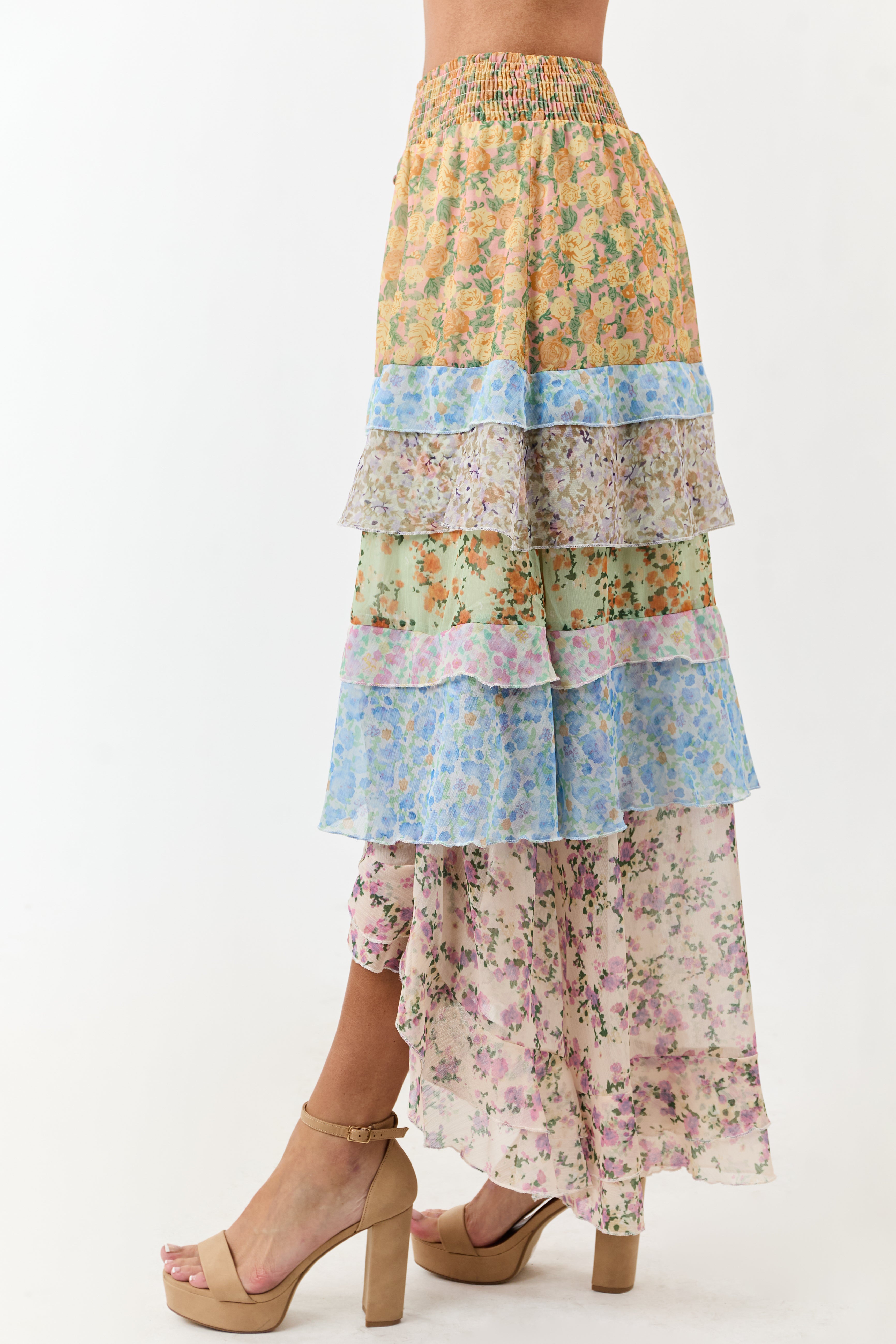 Lemon Multiprint Floral Ruffle Chiffon Maxi Skirt