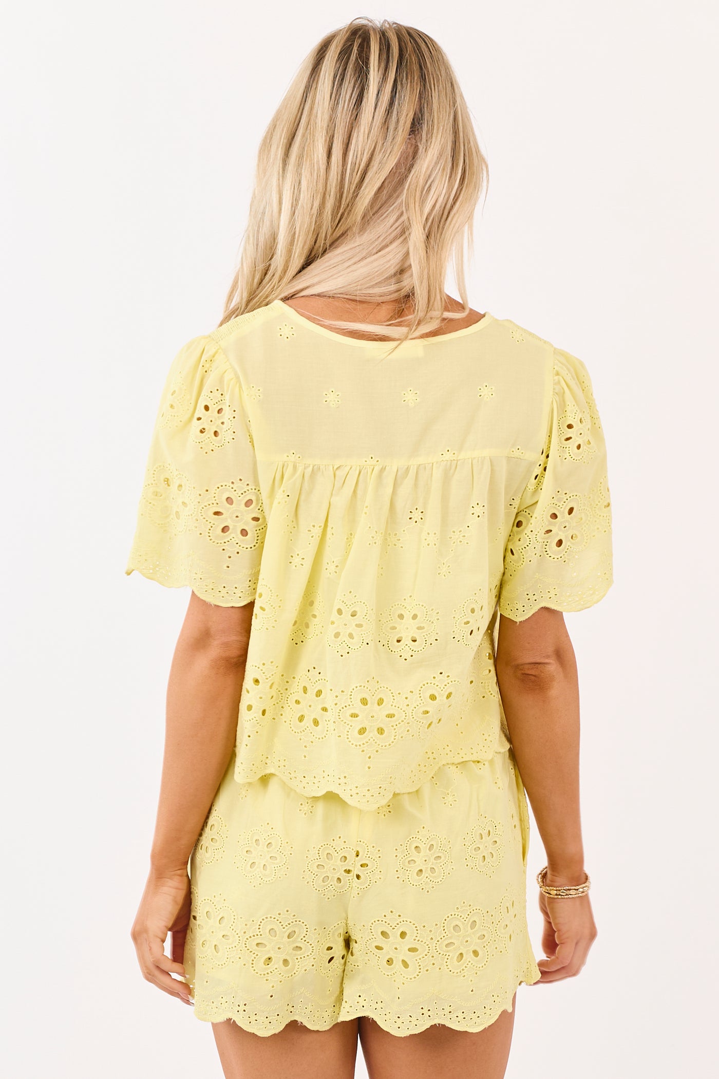 Lemon Open Eyelet Lace Top and Shorts Set
