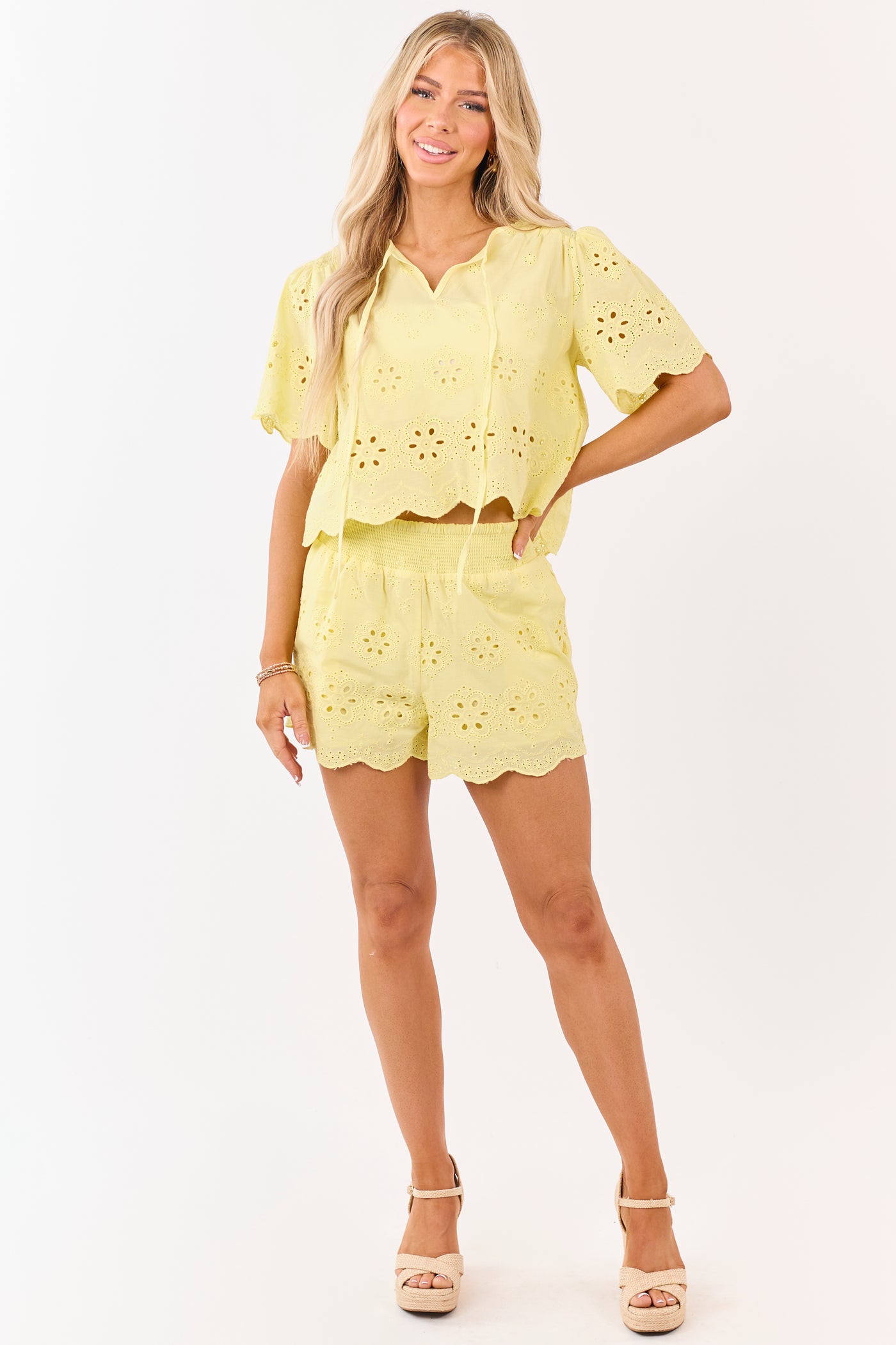 Lemon Open Eyelet Lace Top and Shorts Set