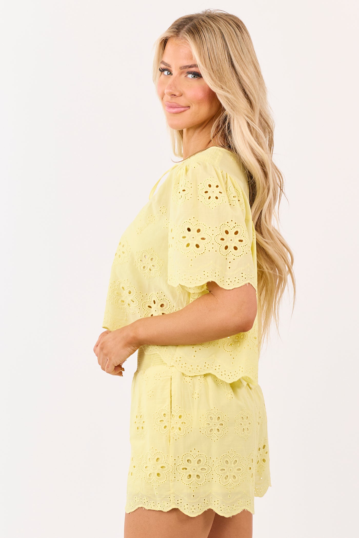 Lemon Open Eyelet Lace Top and Shorts Set