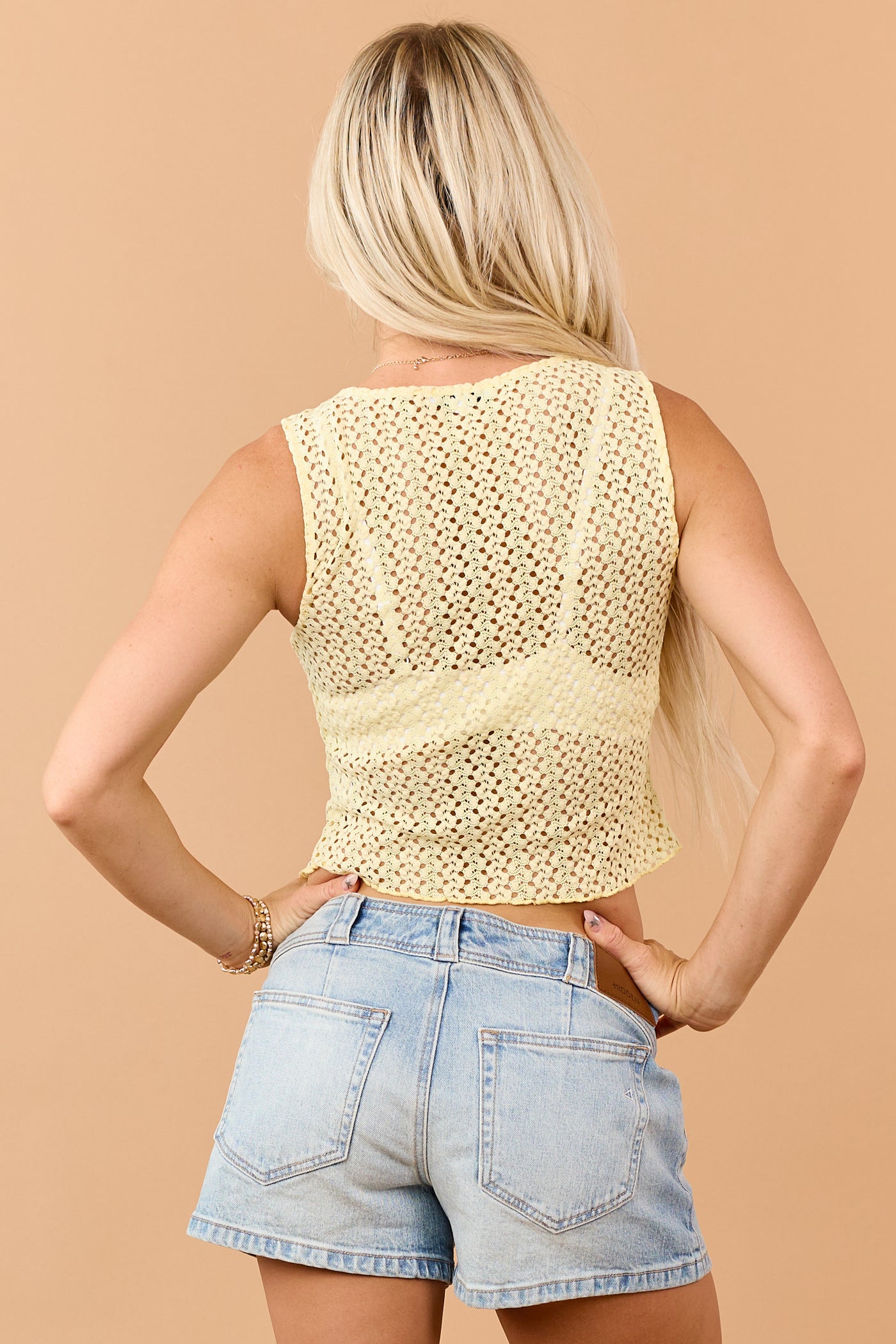 Lemon Open Knit Asymmetrical Hem Tank Top