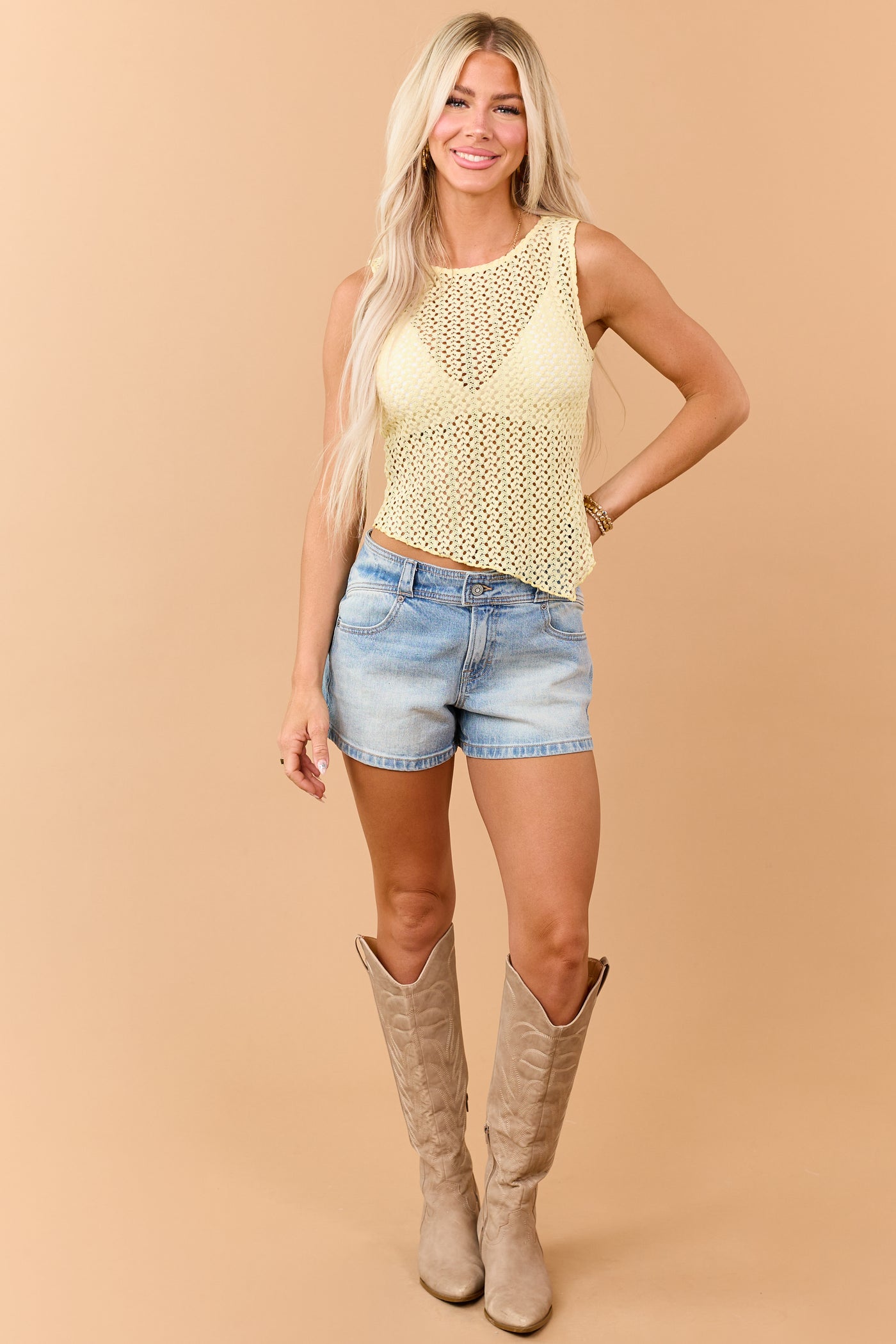 Lemon Open Knit Asymmetrical Hem Tank Top