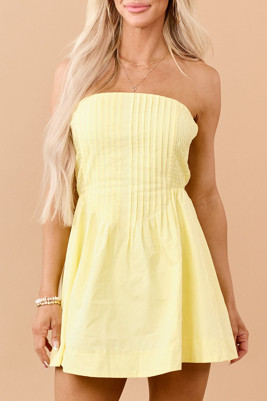 Lemon Pintuck Strapless Cotton Mini Dress