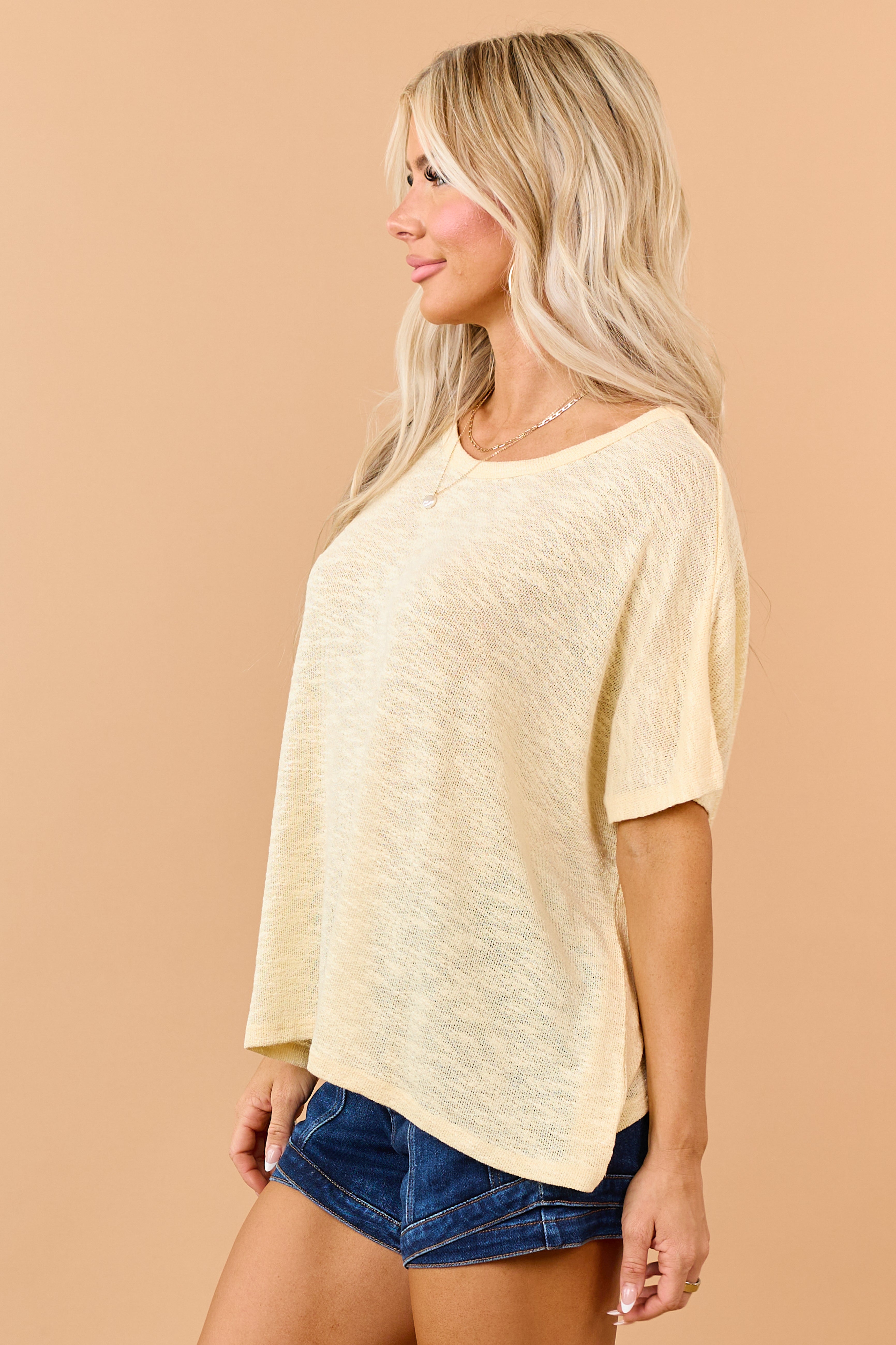 Lemon Slub Knit Short Sleeve Relaxed Top