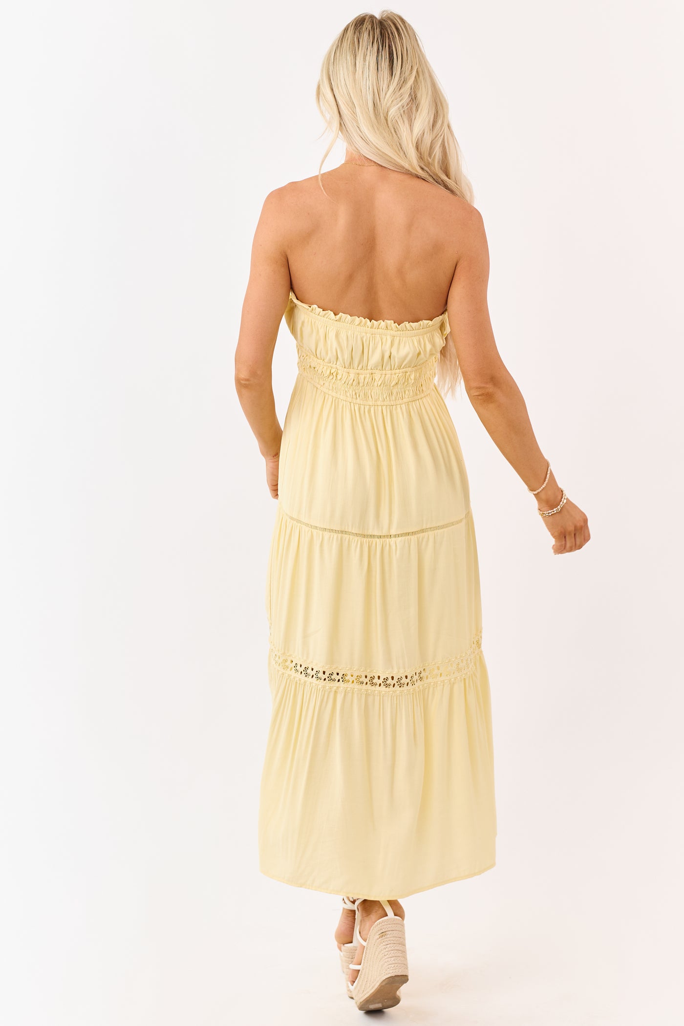 Lemon Strapless Tiered Lace Shirred Waist Midi Dress