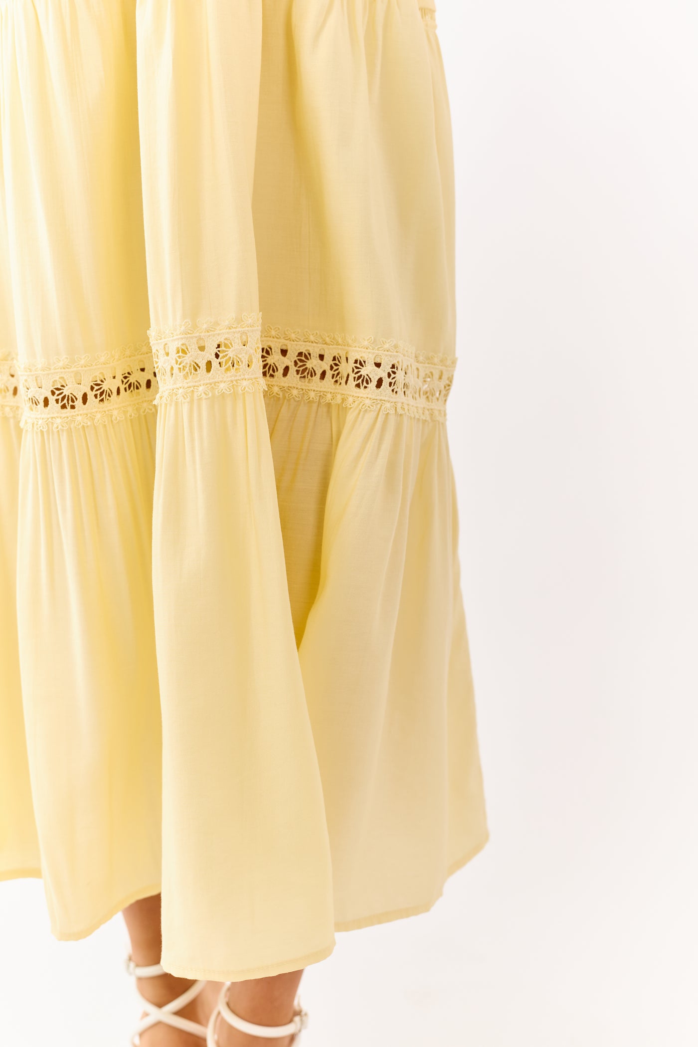 Lemon Strapless Tiered Lace Shirred Waist Midi Dress