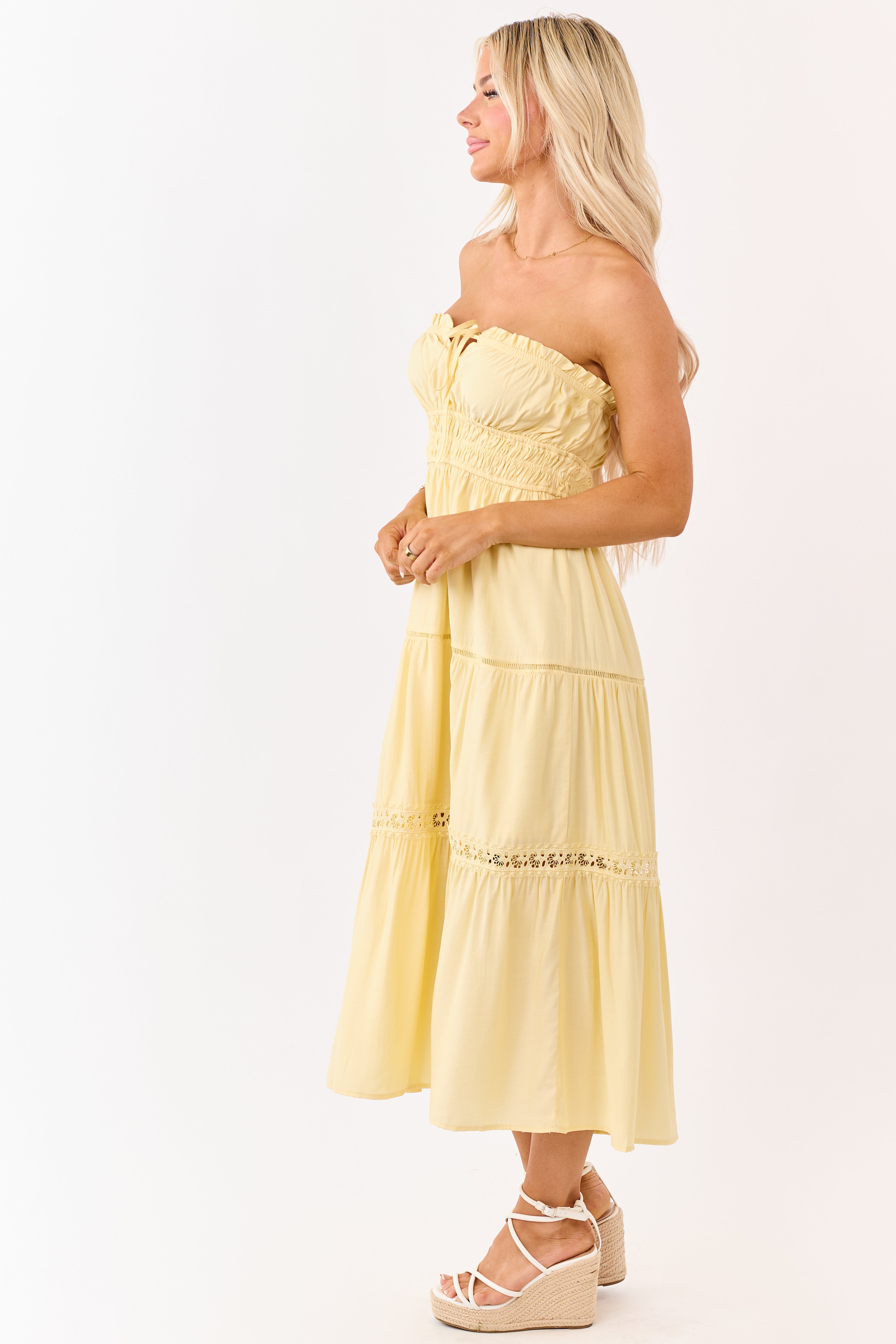 Lemon Strapless Tiered Lace Shirred Waist Midi Dress