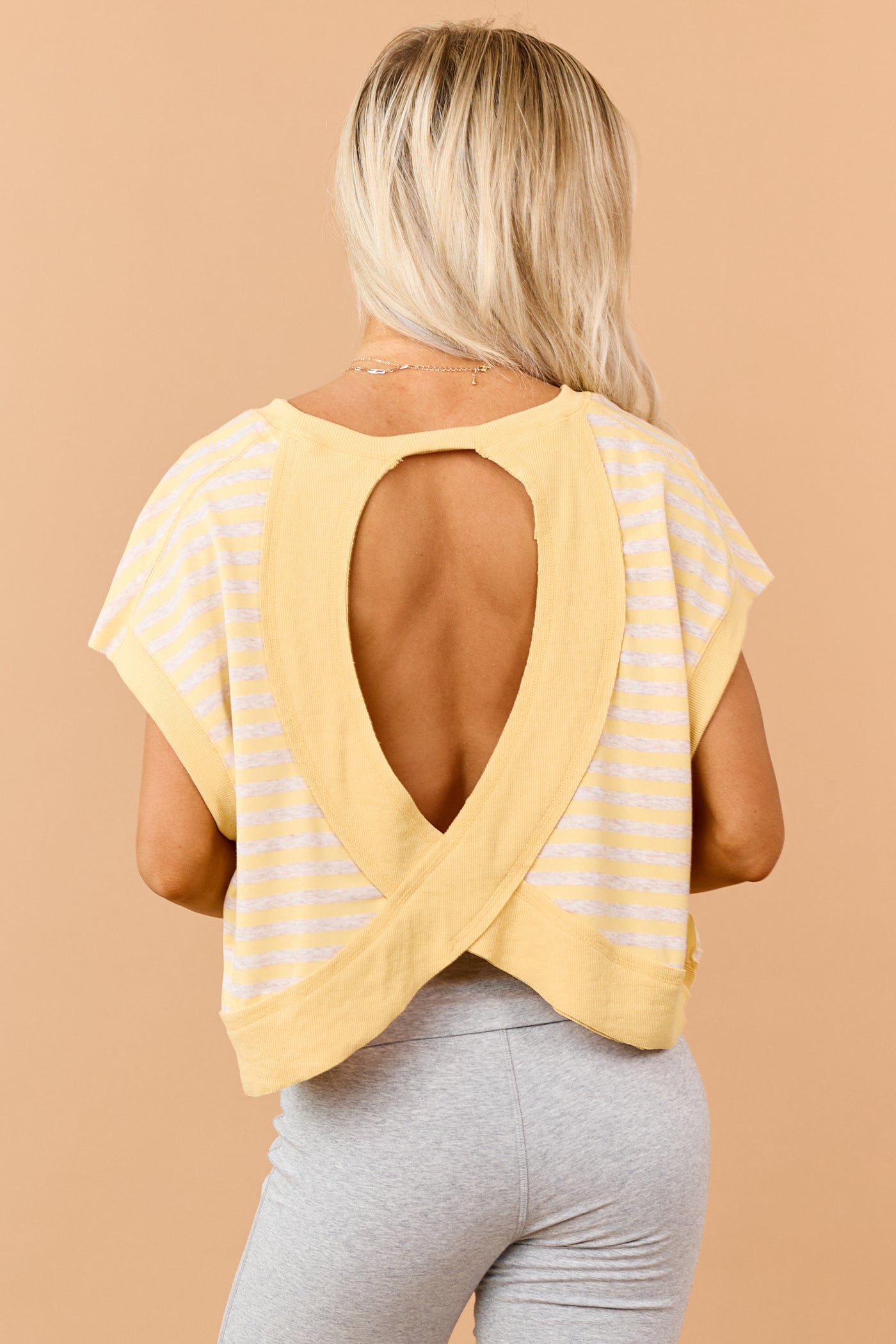 Lemon Striped French Terry Knit Open Back Top