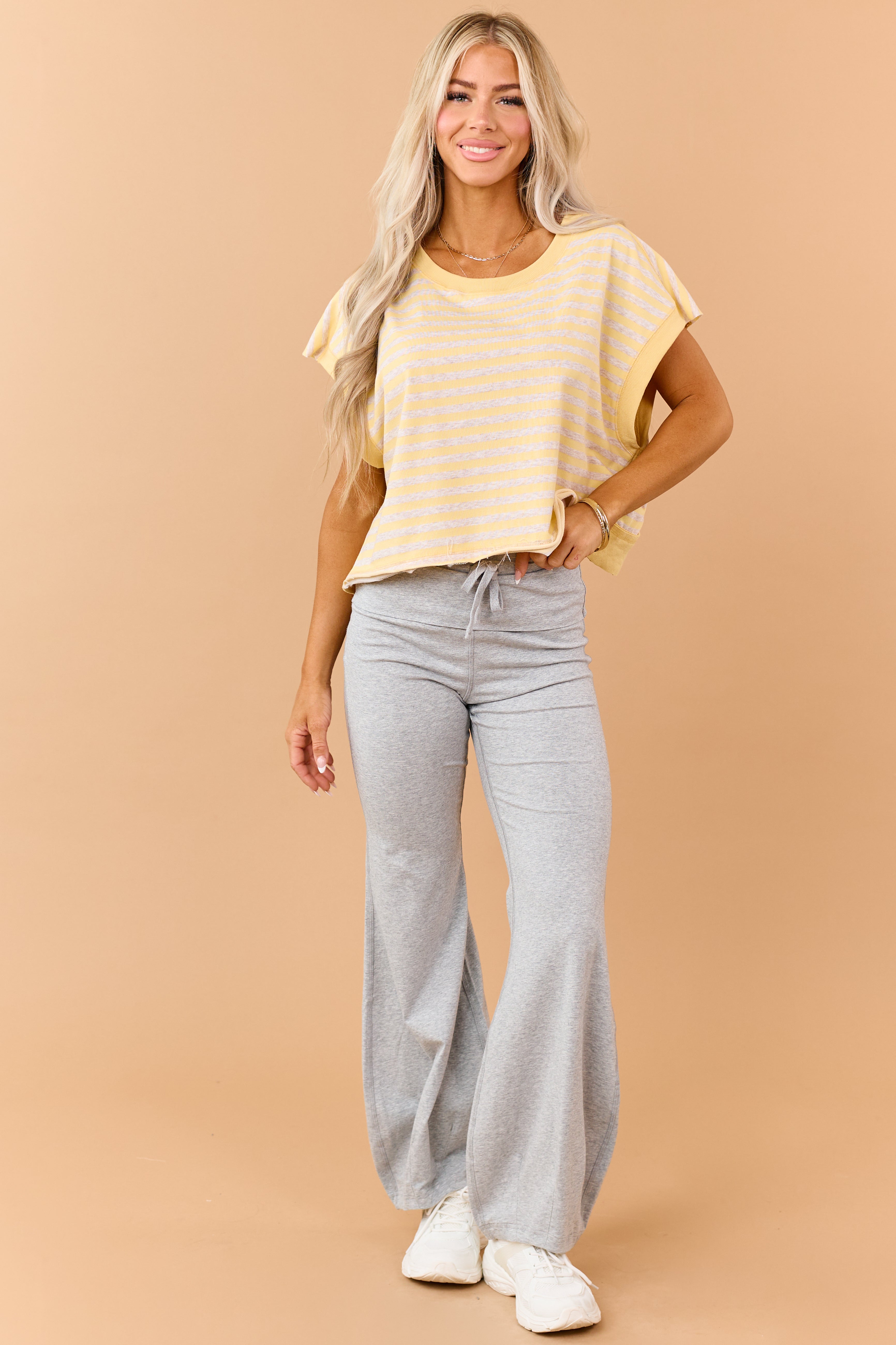 Lemon Striped French Terry Knit Open Back Top