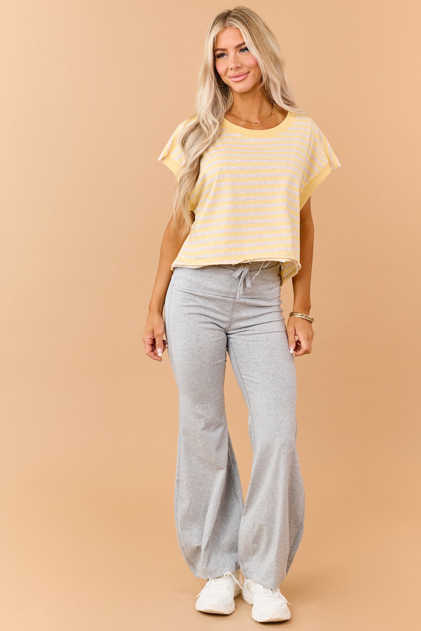 Lemon Striped French Terry Knit Open Back Top