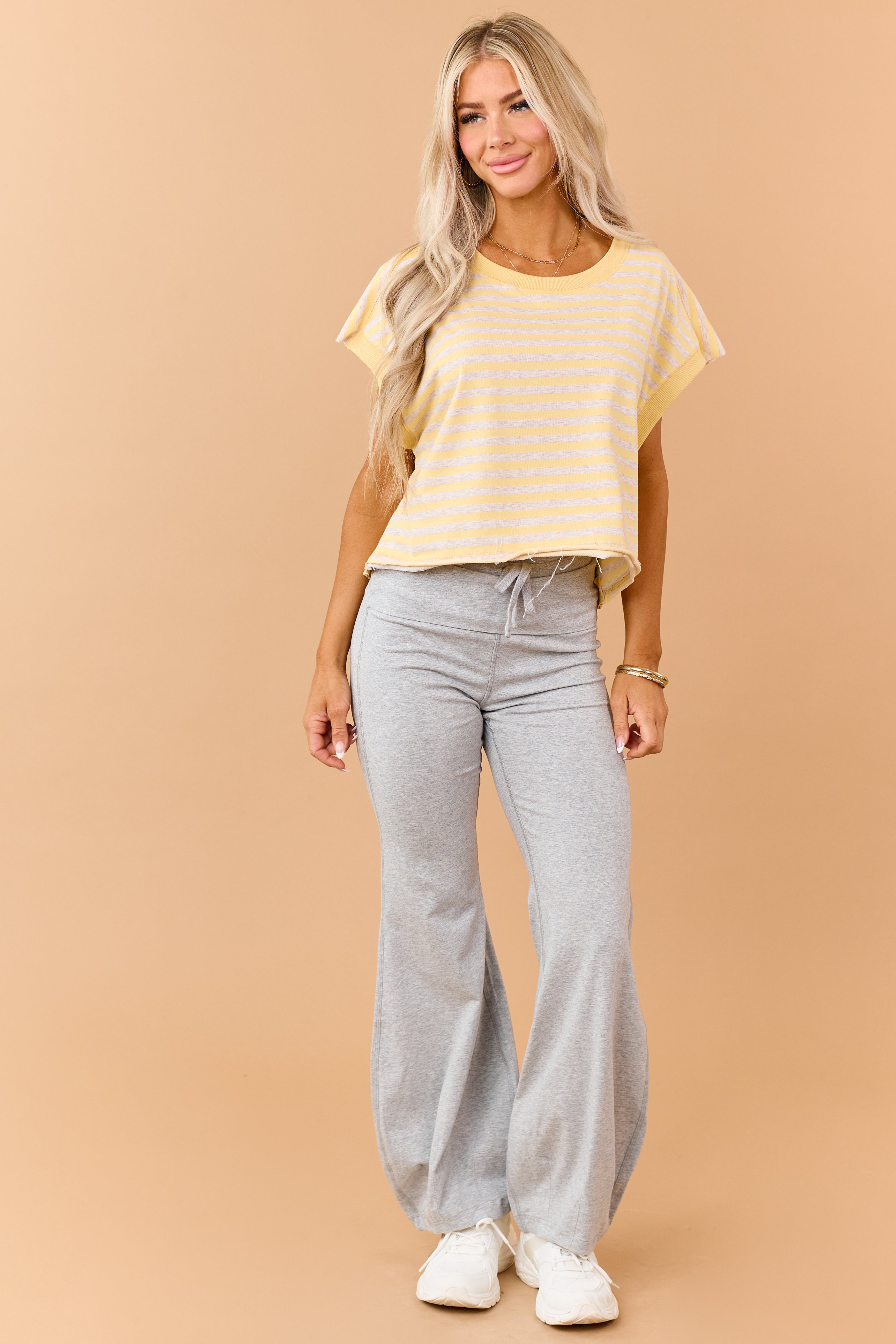 Lemon Striped French Terry Knit Open Back Top