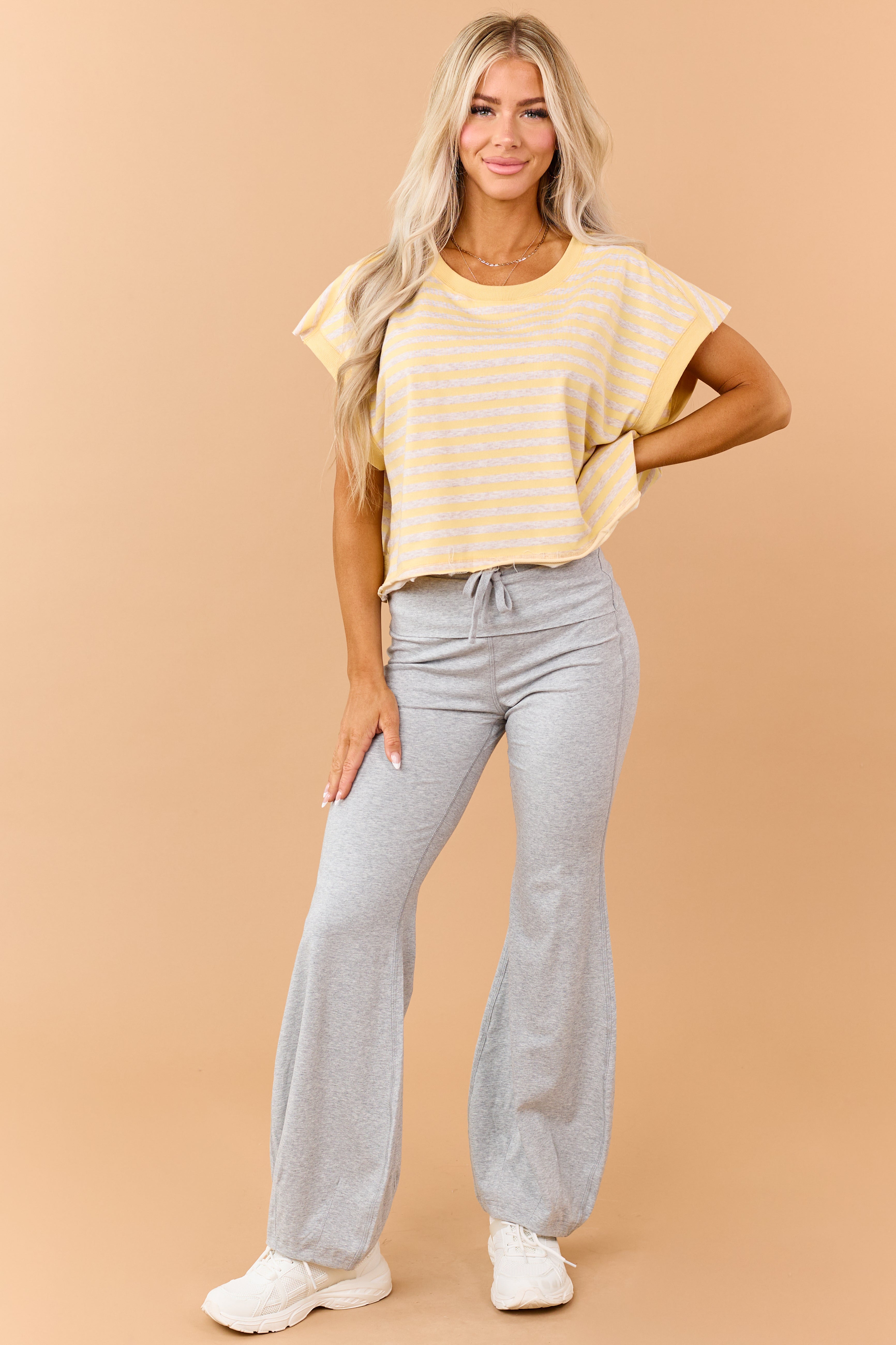 Lemon Striped French Terry Knit Open Back Top | Lime Lush Boutique