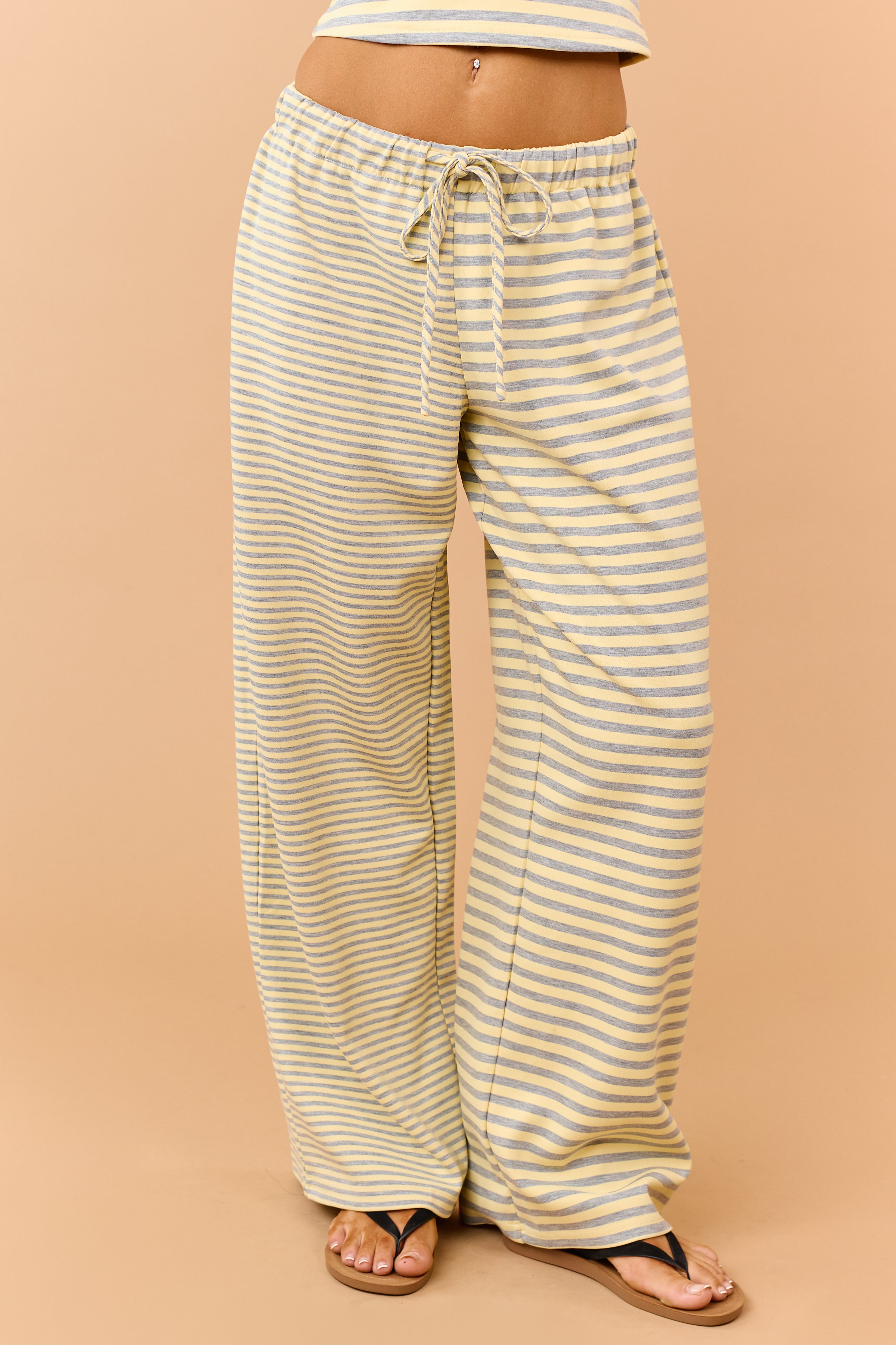 Lemon and Steel Striped Drawstring Wide Leg Pants