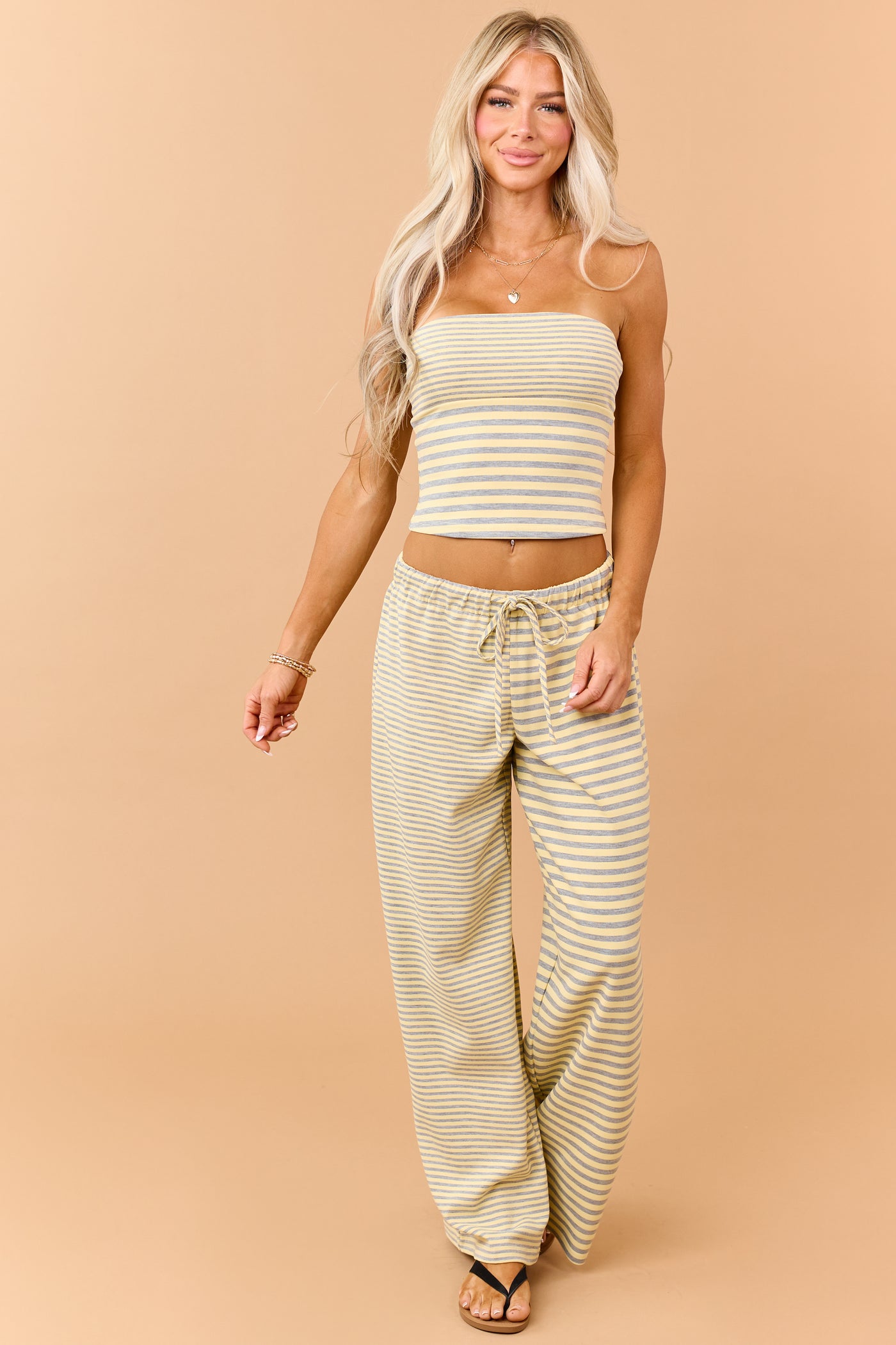 Lemon and Steel Striped Strapless Knit Top